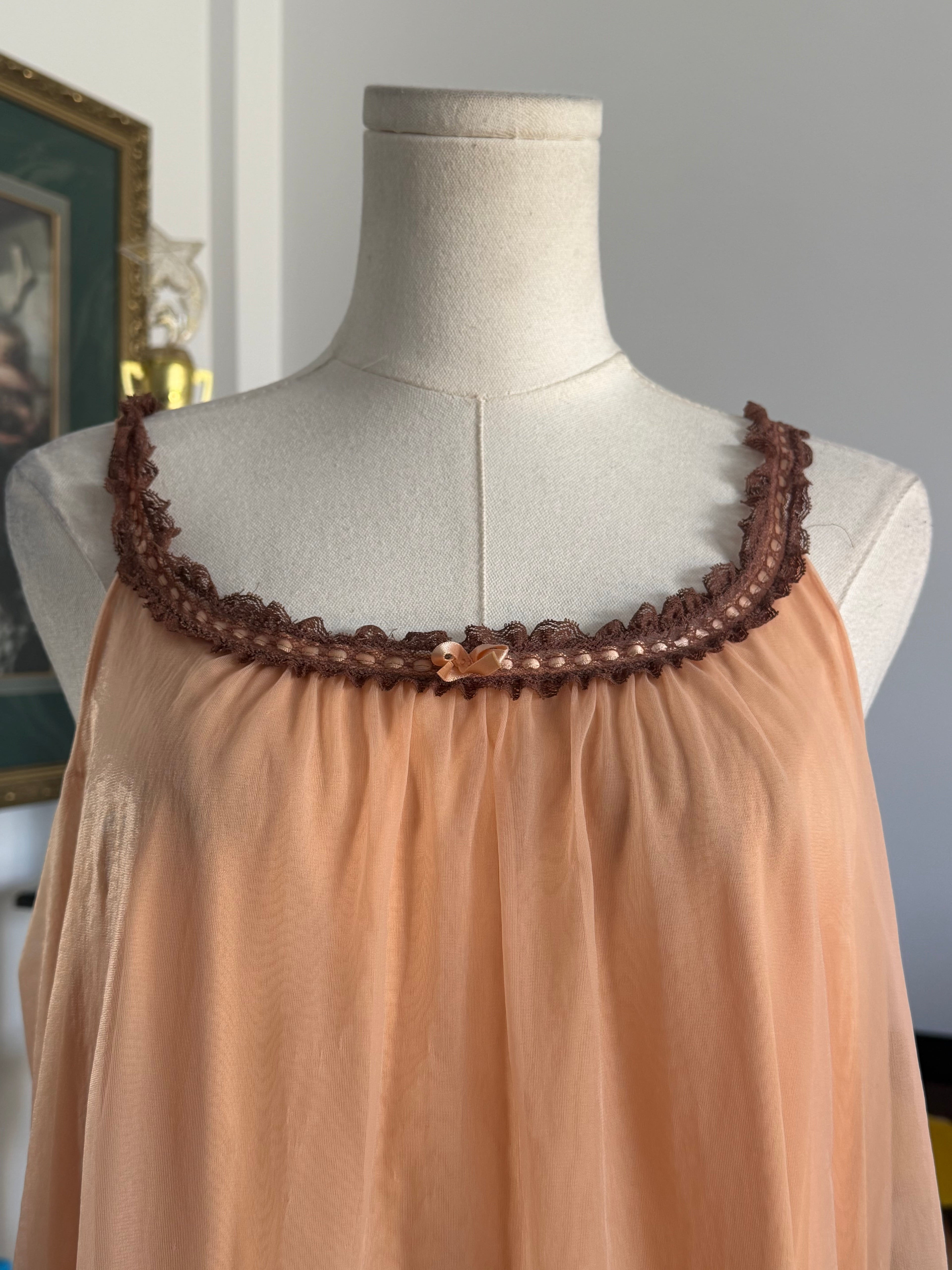 Vintage Made in USA Peach Chiffon Lace Slip Dress