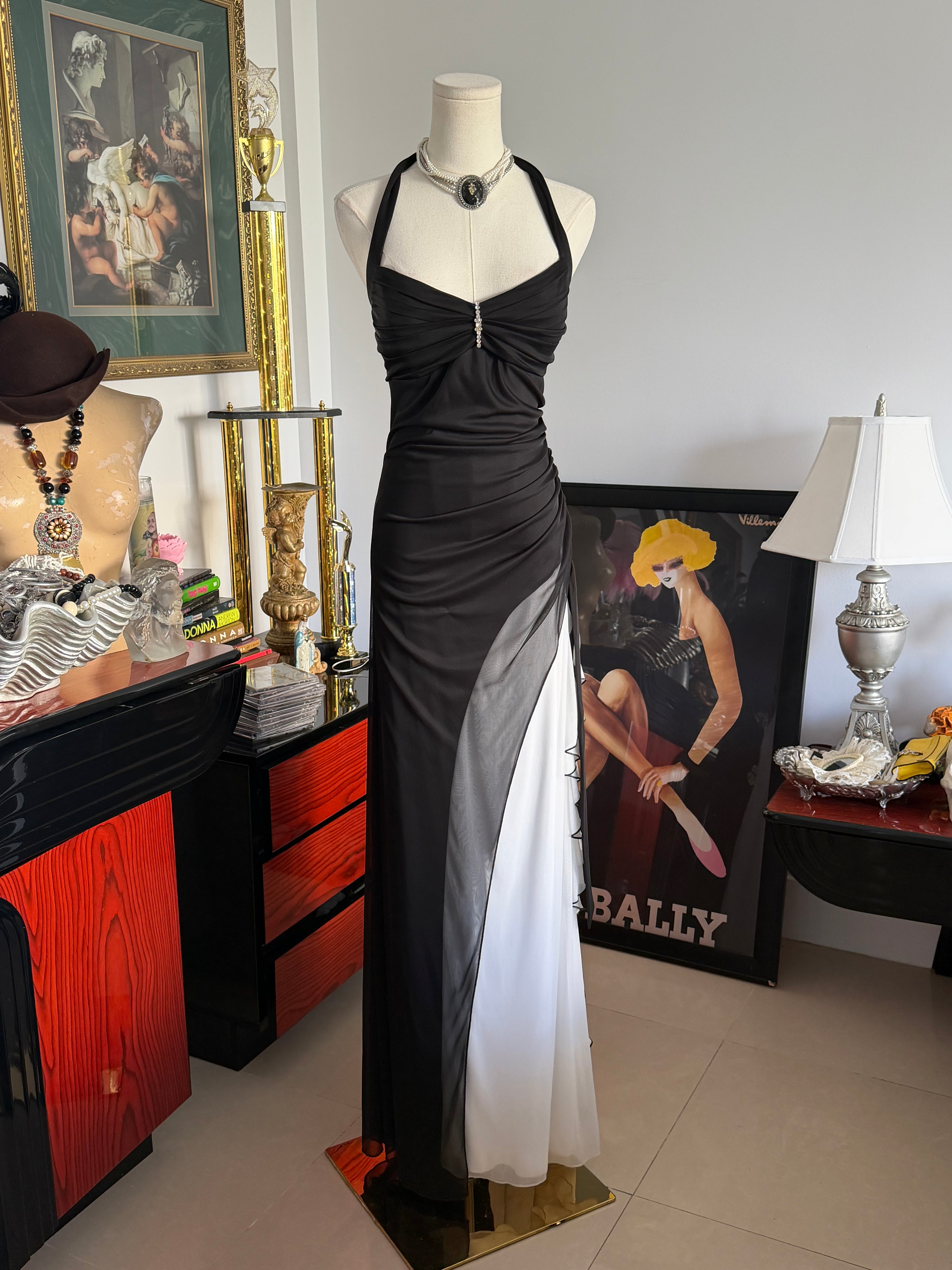 Vintage City Triangles Black & White Draped Halter Gown M