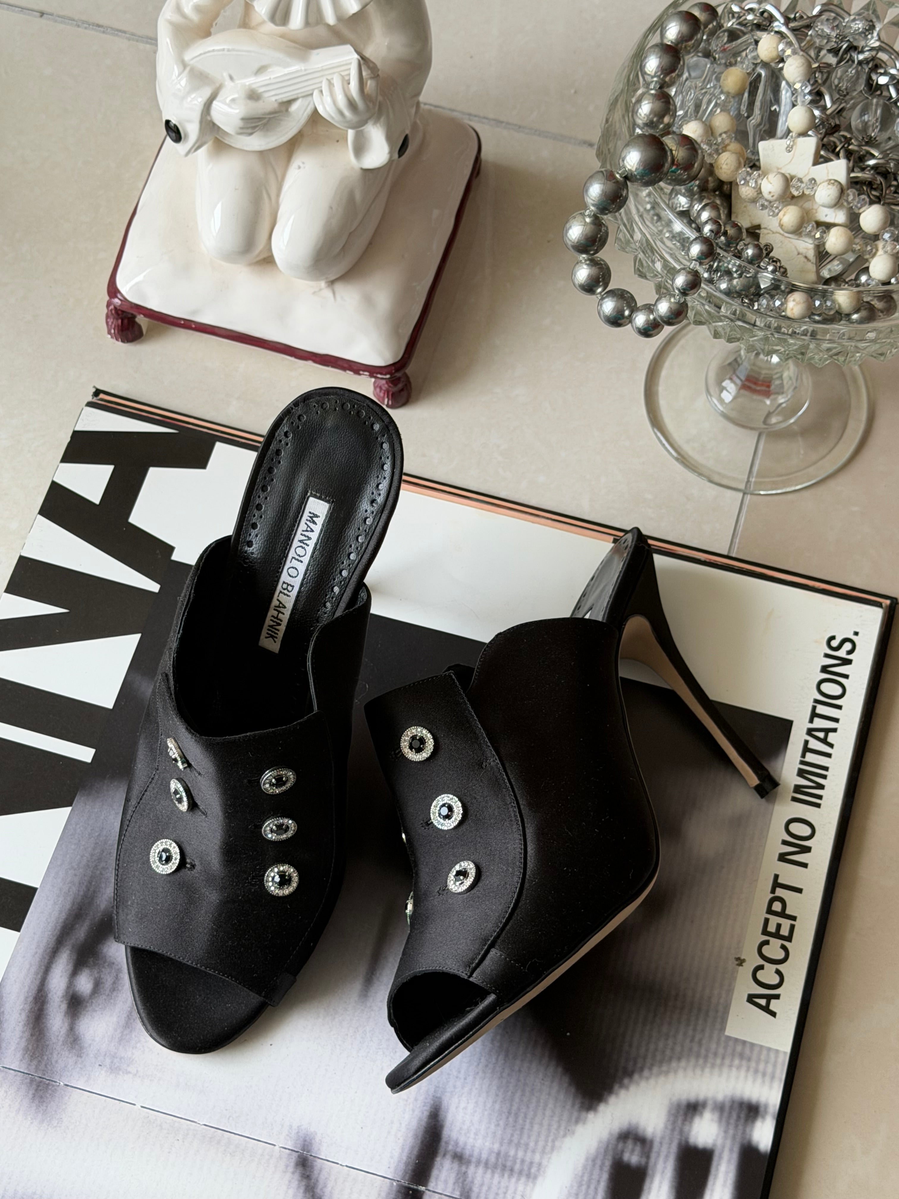 Manolo Blahnik Black Satin Mule Heels with Crystal Buttons – IT 39.5 (US 9.5)
