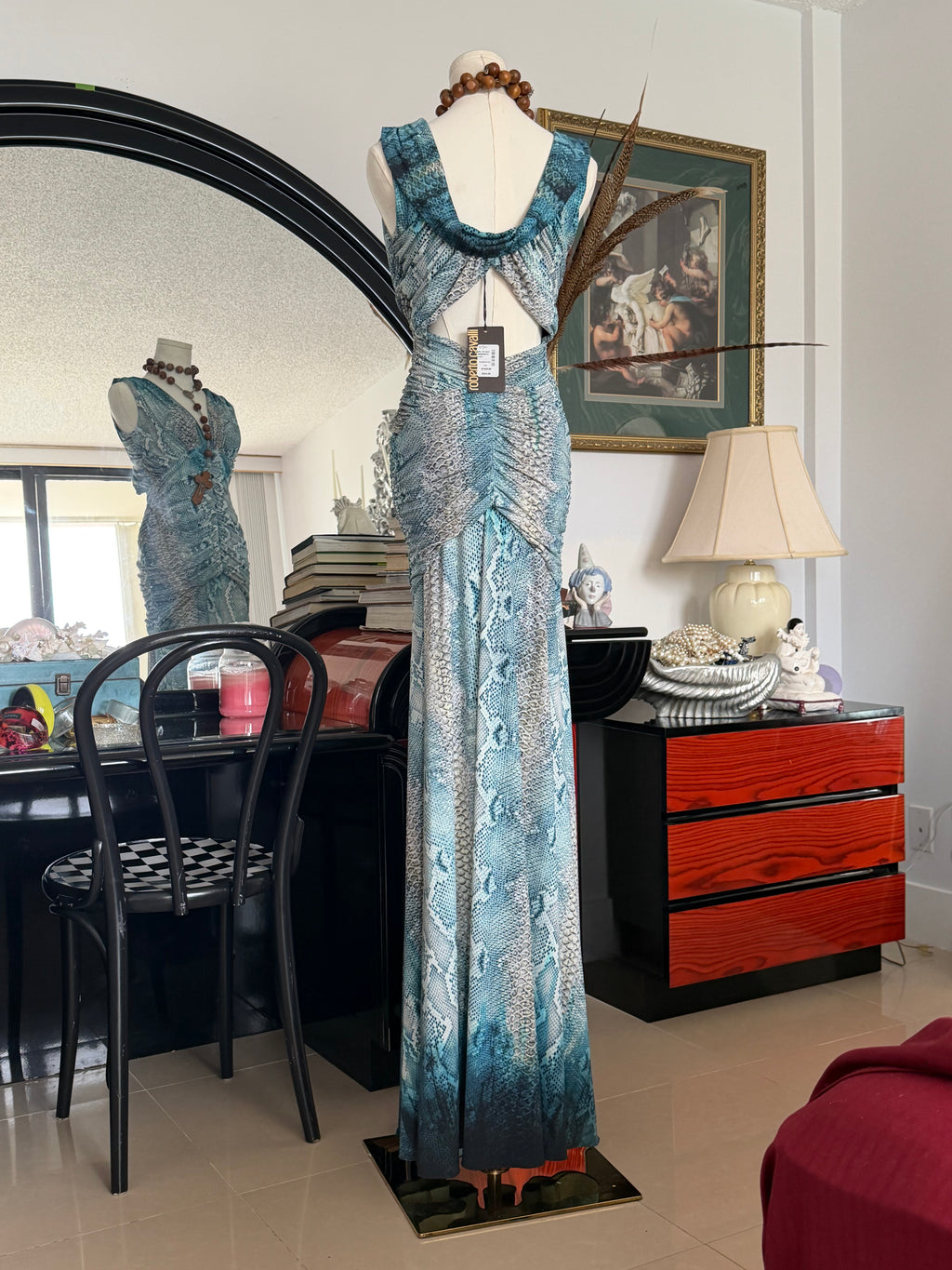 Roberto Cavalli 2005 Python Print Ruched Cut-Out Gown (NWT, Size S)