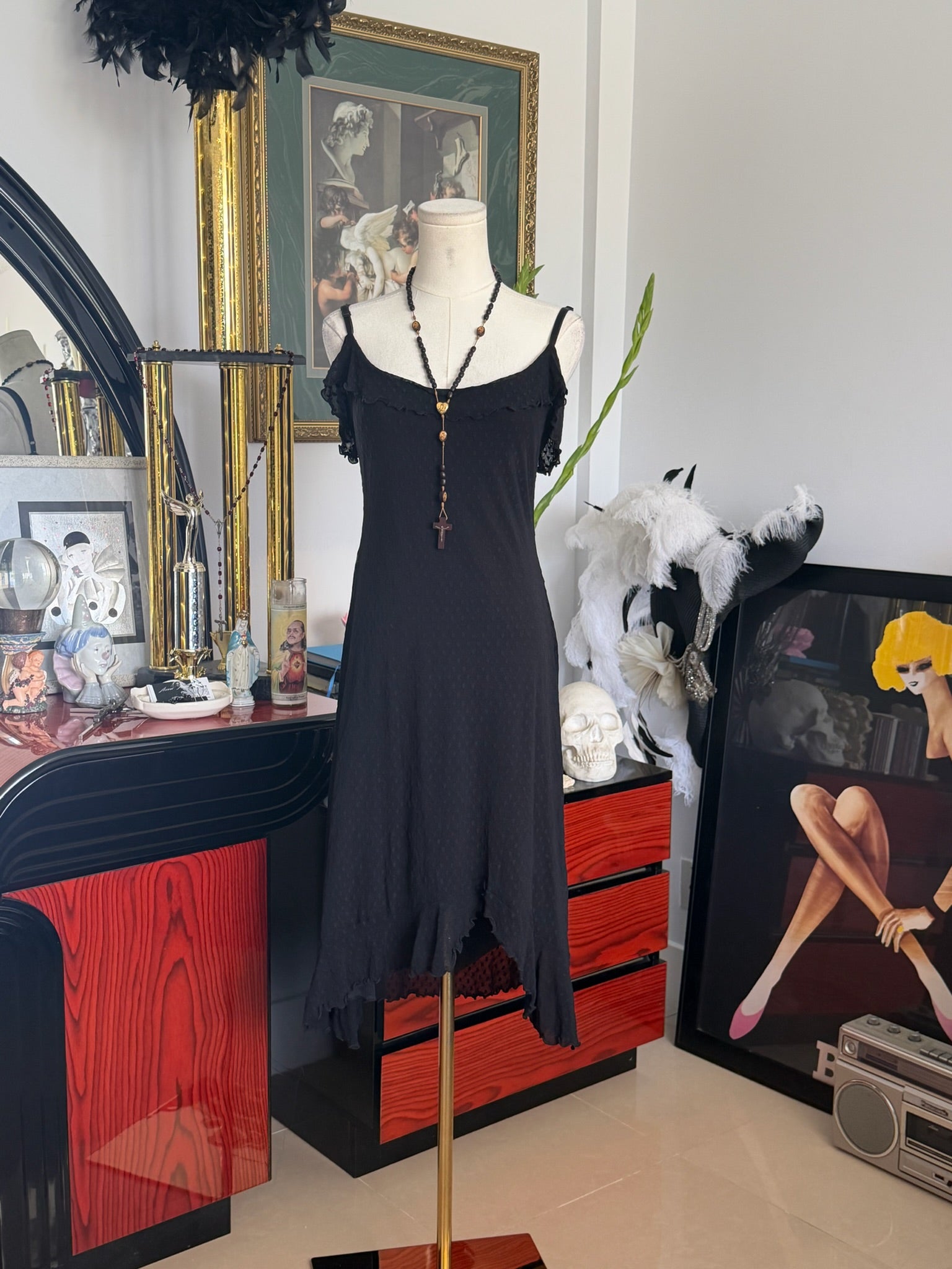 Vintage Betsey Johnson New York Black Asymmetrical Ruffle Midi Dress
