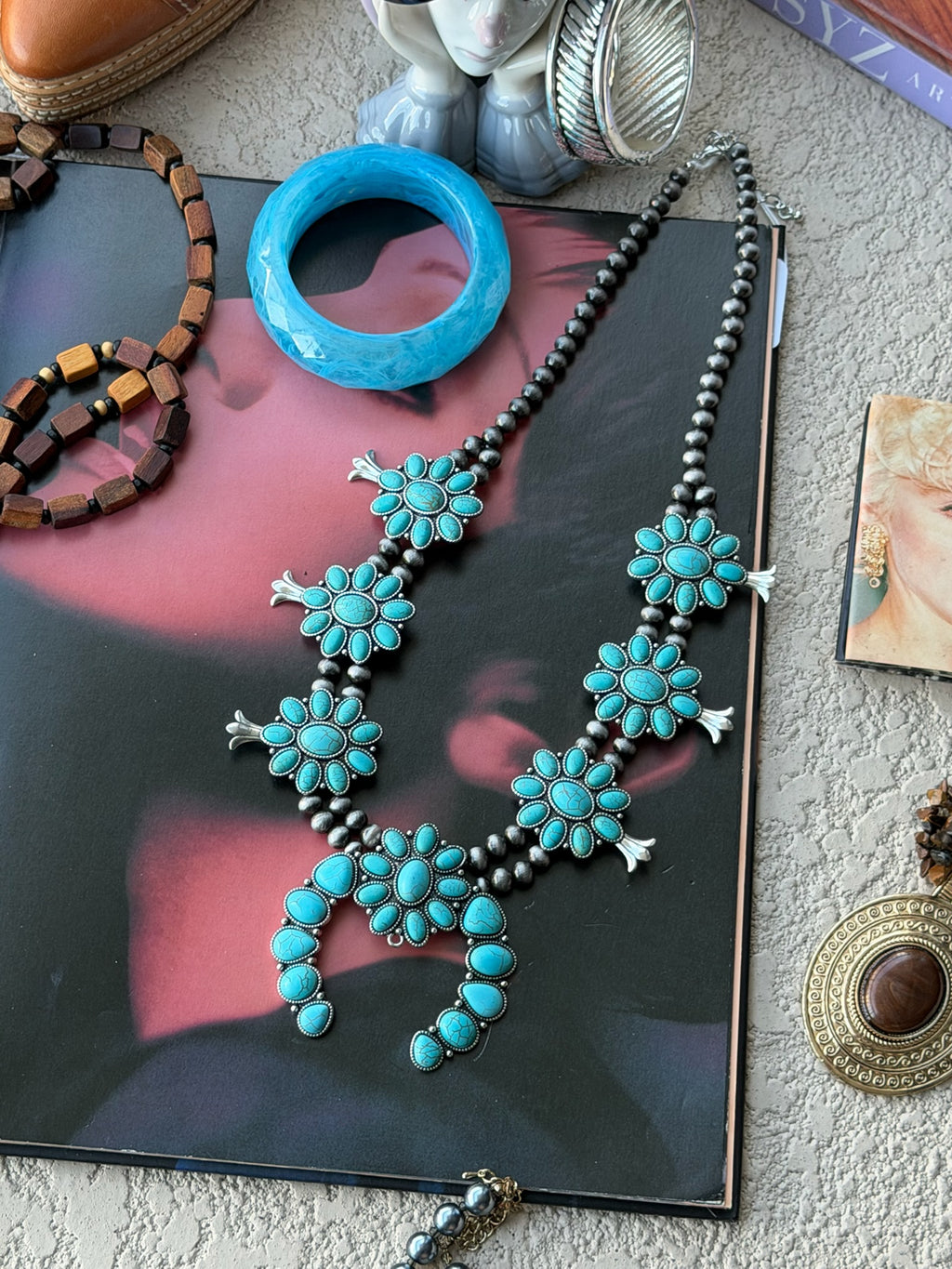 Turquoise Squash Blossom–Style Statement Necklace