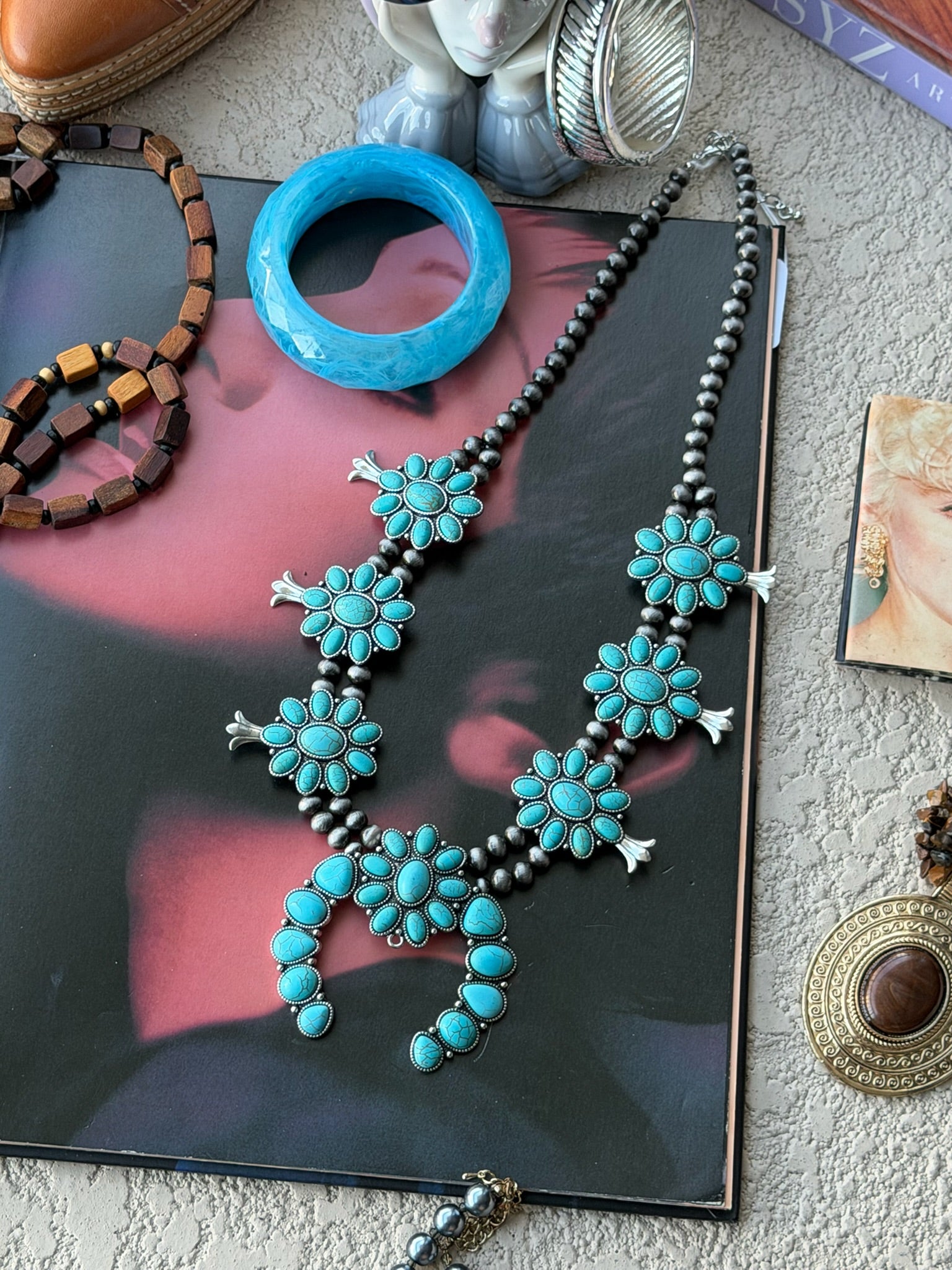 Turquoise Squash Blossom–Style Statement Necklace