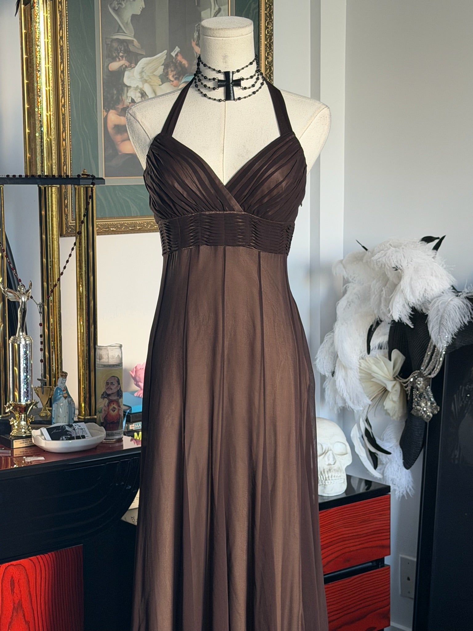 BCBGMAXAZRIA Chocolate Brown Sheer Halter Evening Gown – Y2K Empire Waist Maxi Dress