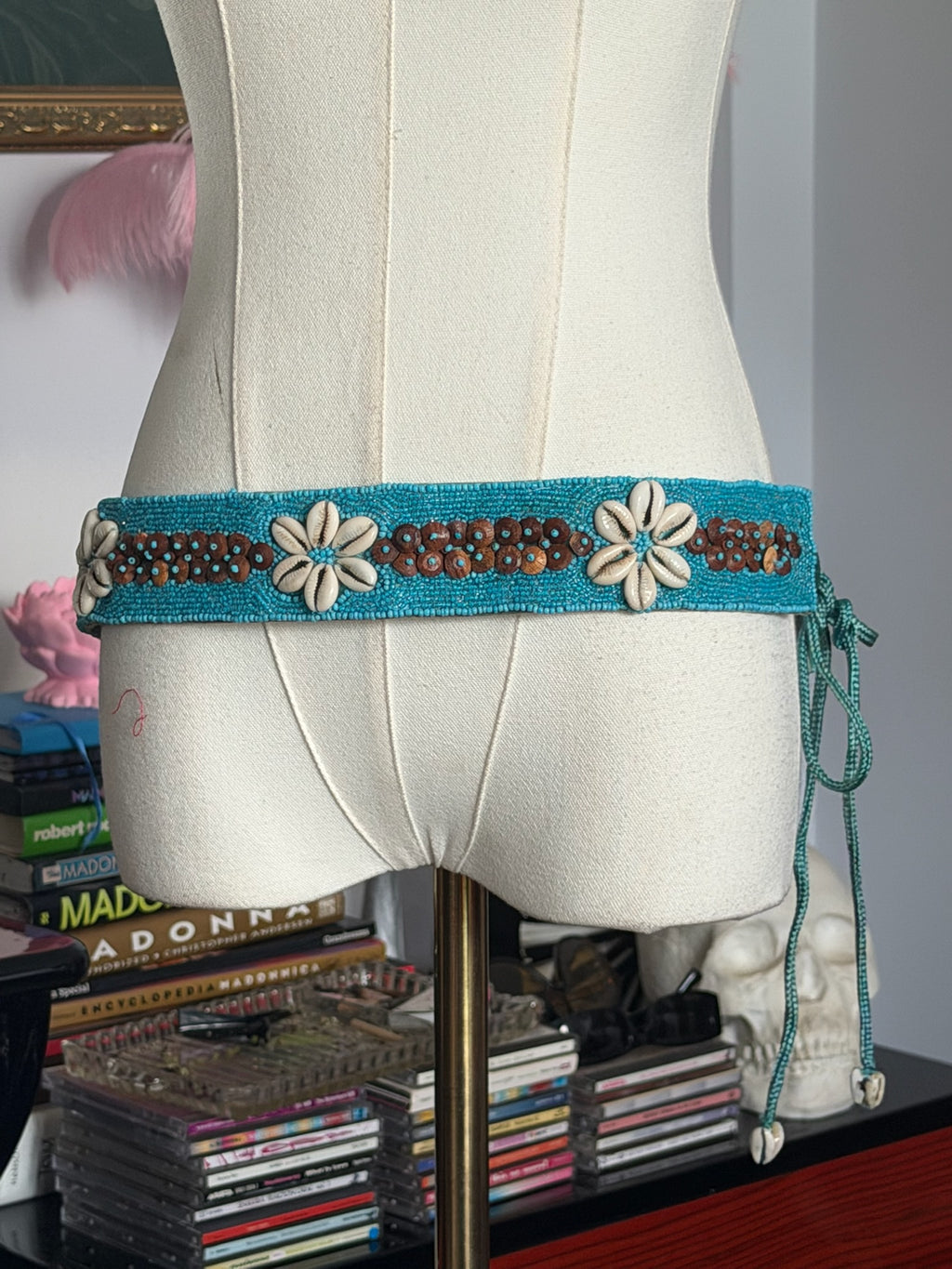 Y2K Turquoise Beaded Cowrie Shell Belt | Boho Sequin Tie Waist Belt