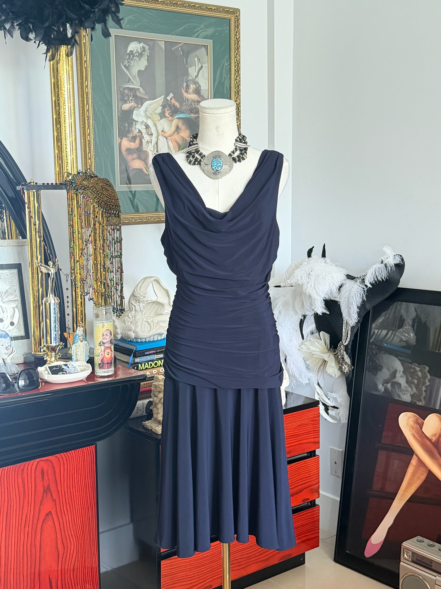 NW Collections Navy Draped Ruched Midi Dress