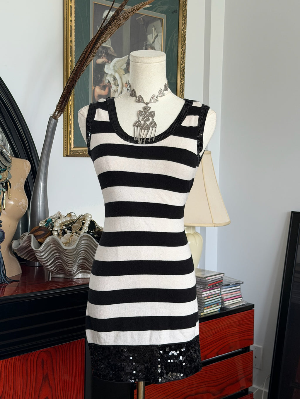 Black & Cream Striped Sequin Mini Dress