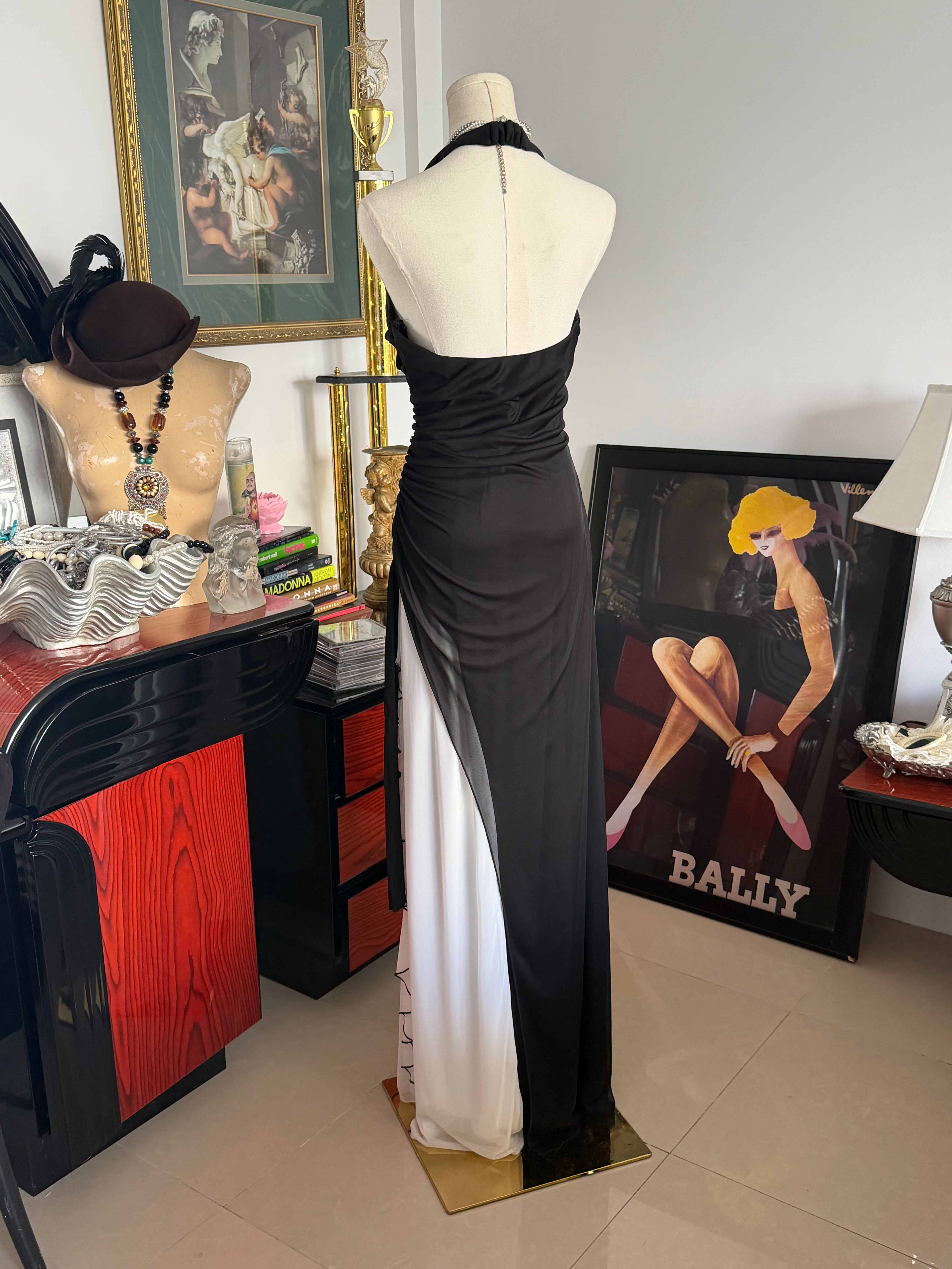 Vintage City Triangles Black & White Draped Halter Gown M