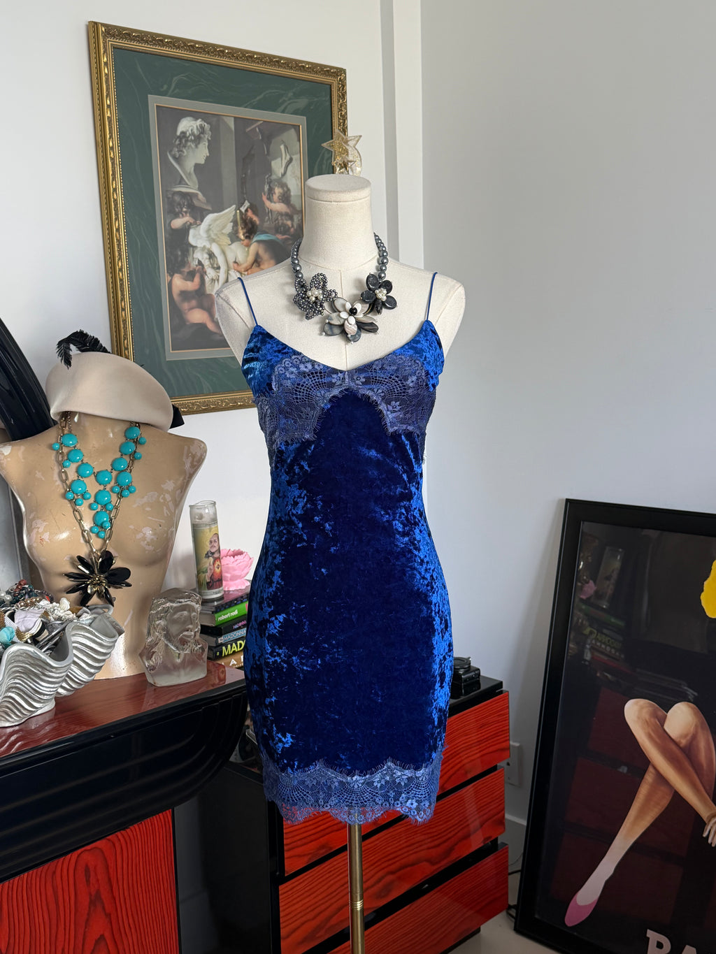 GUESS blue velvet lace slip - XS-S