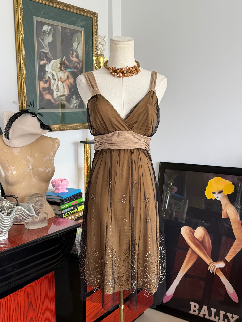 Vintage Papaya Black & Nude Glitter Mesh Fairy Dress S