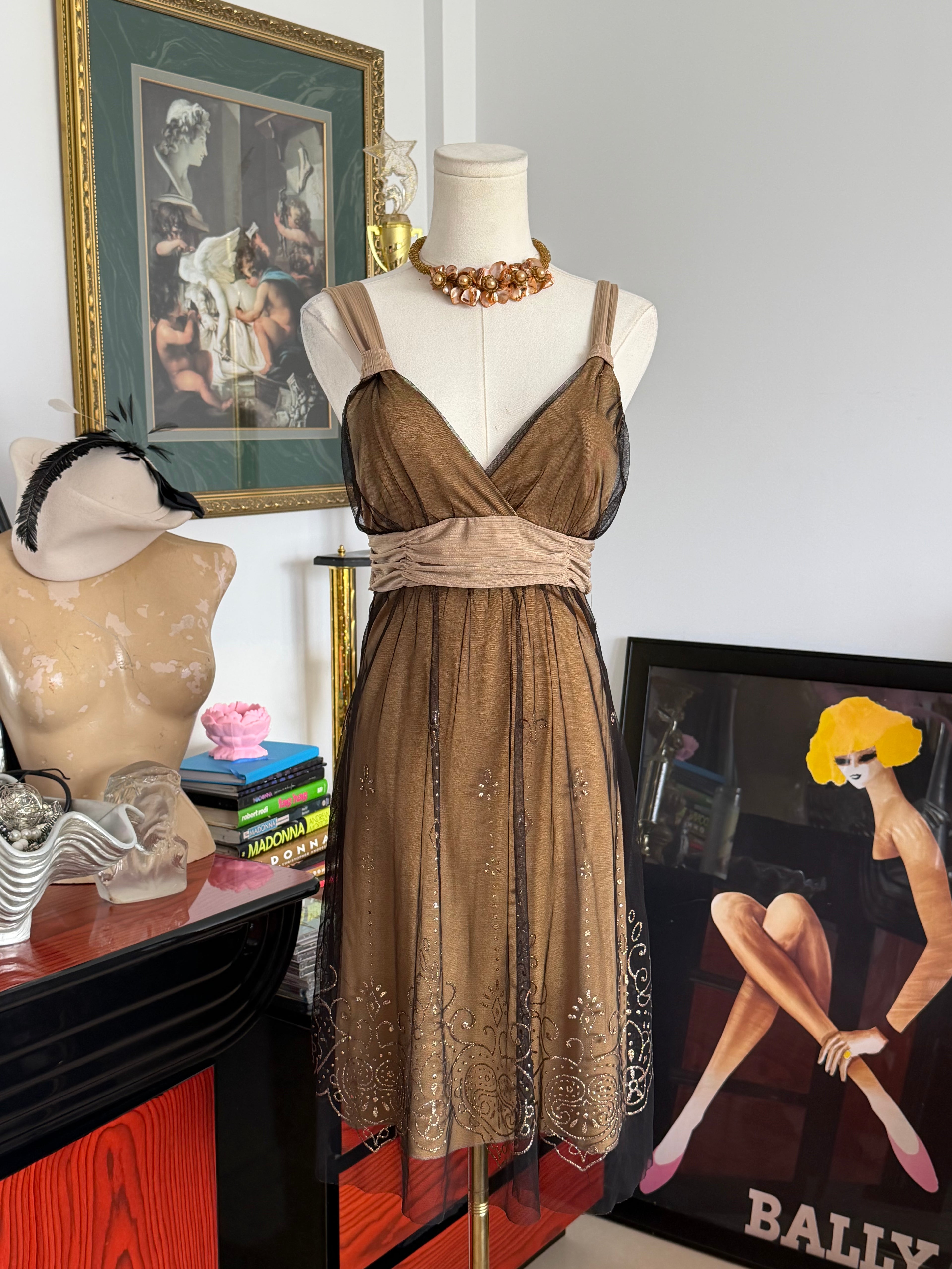 Vintage Papaya Black & Nude Glitter Mesh Fairy Dress S