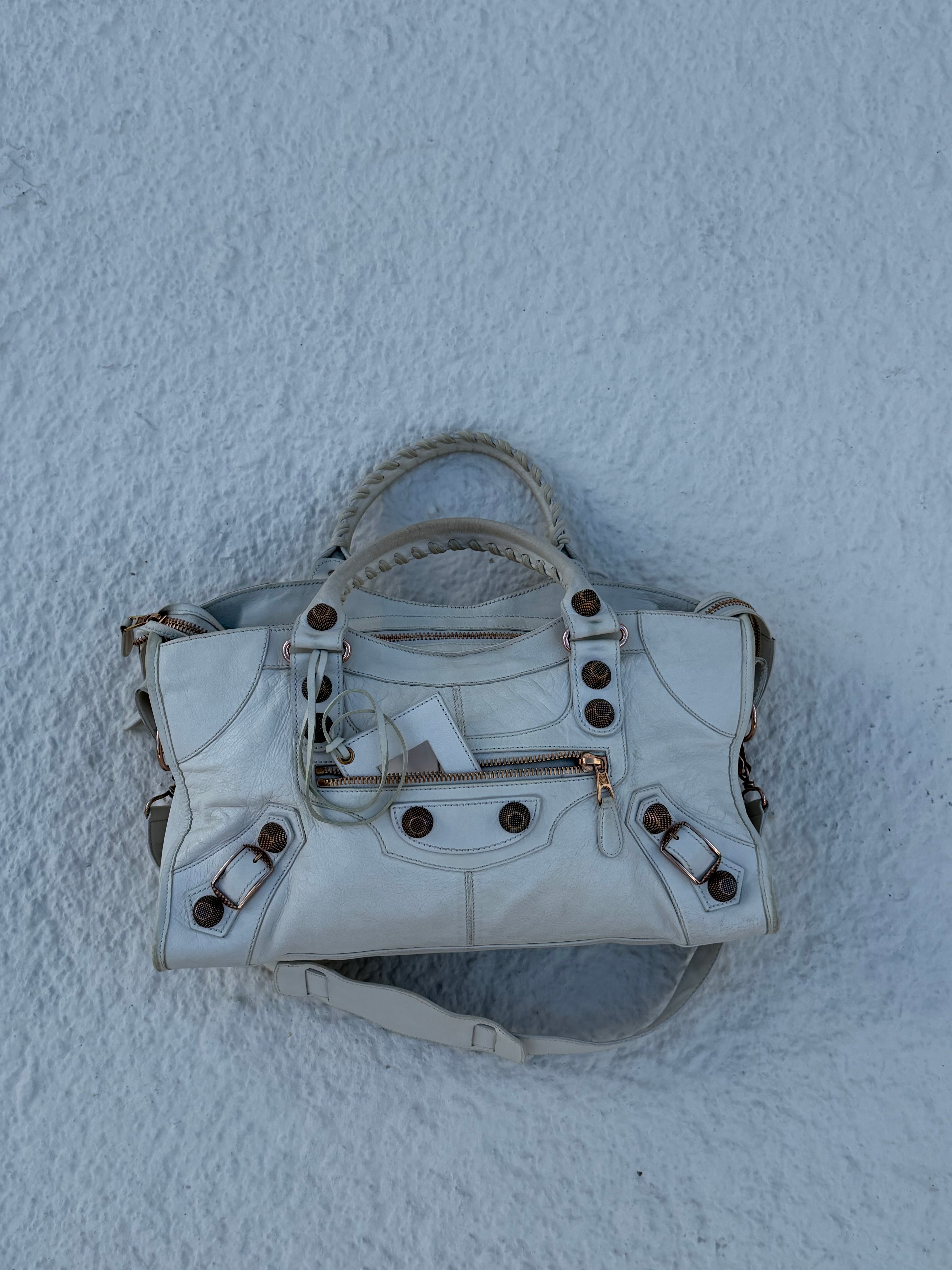 Balenciaga Classic City Bag – White Arena Leather with Giant 12 Rose Gold Studs 2011