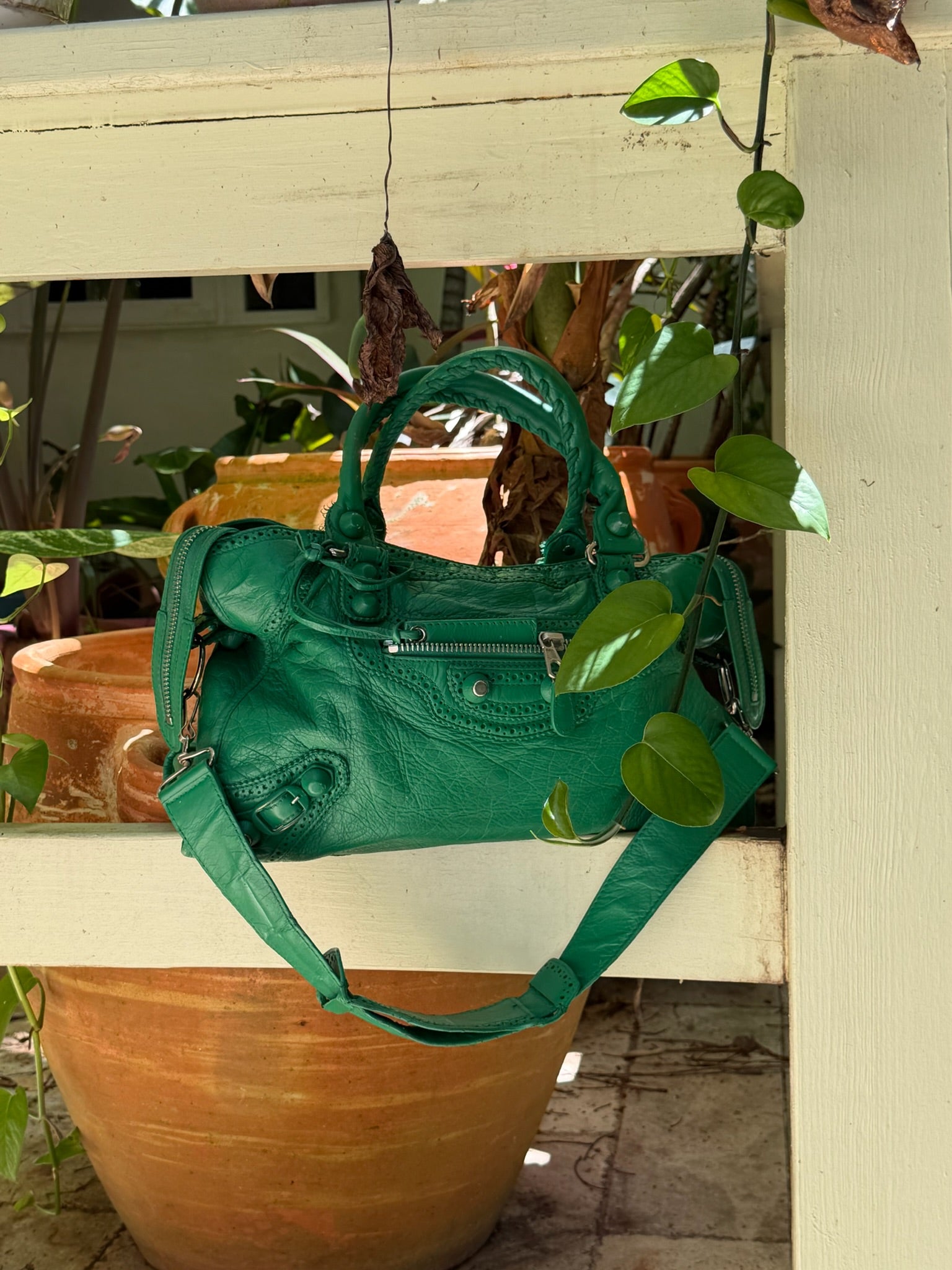 Balenciaga City Brogue Bag – Emerald Green Perforated Motorcycle Leather (2010s)