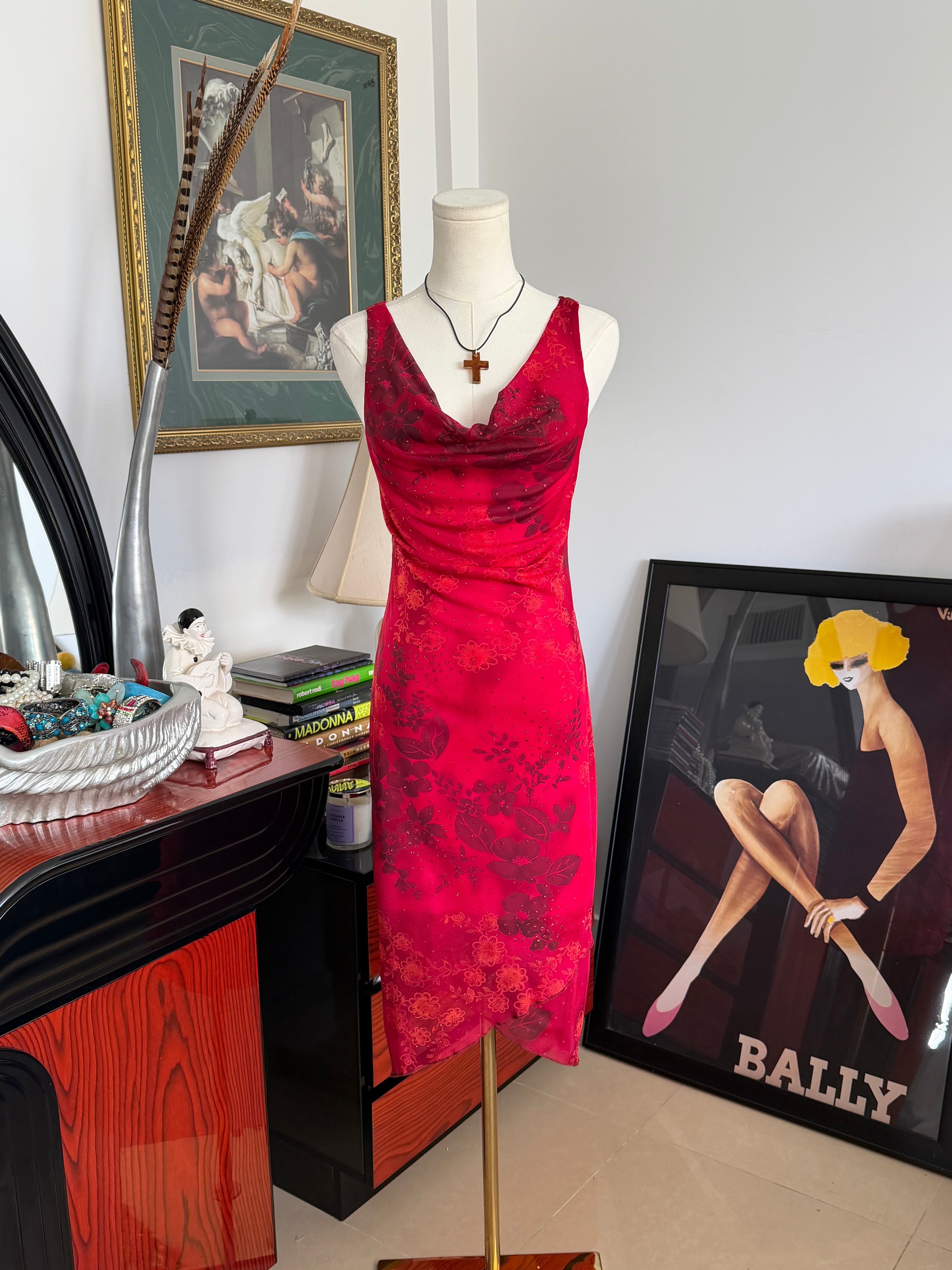 Vintage Y2K Red Floral Slip Dress