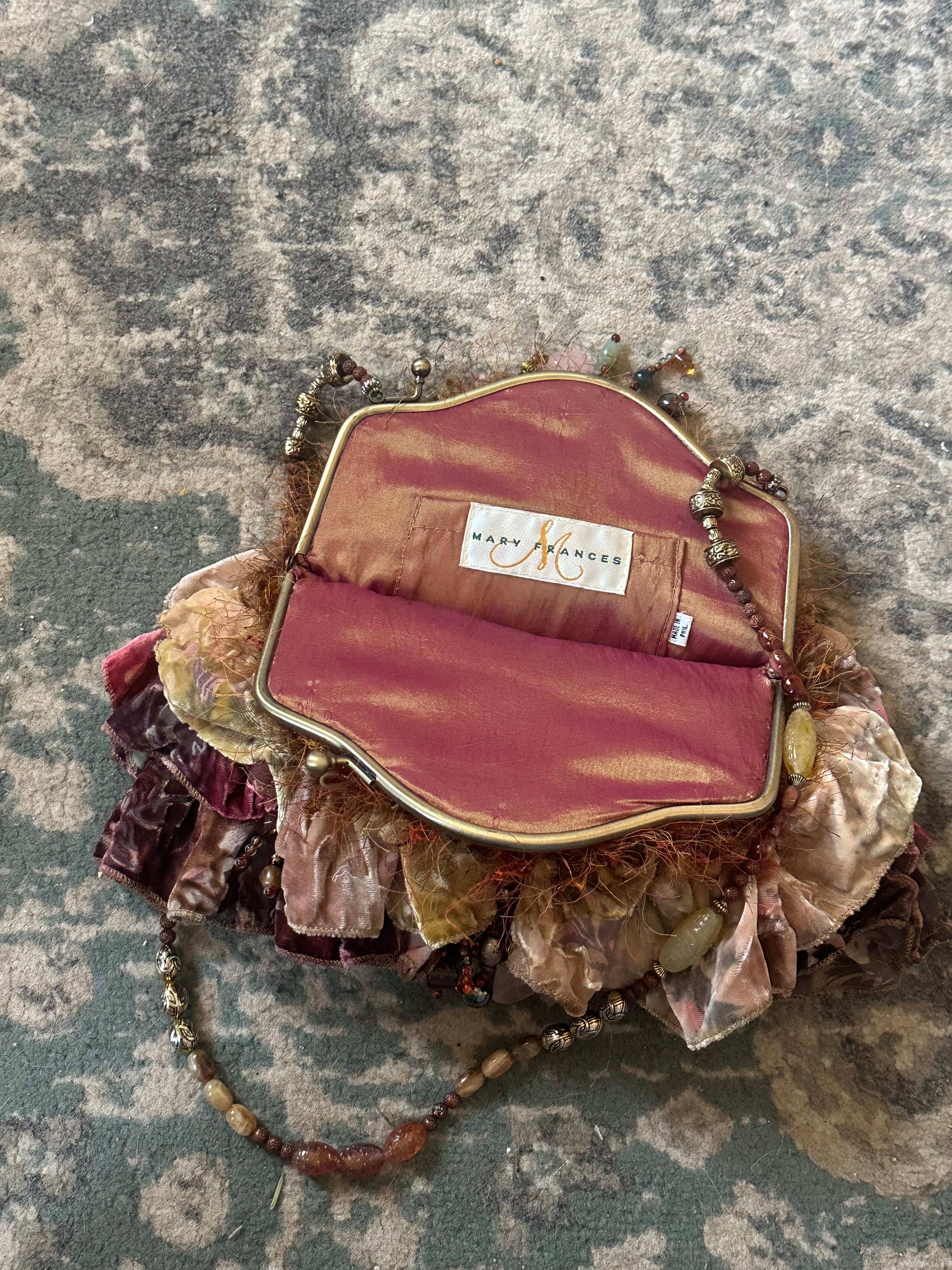 Mary Frances Vintage Beaded Velvet Ruffle Shoulder Bag