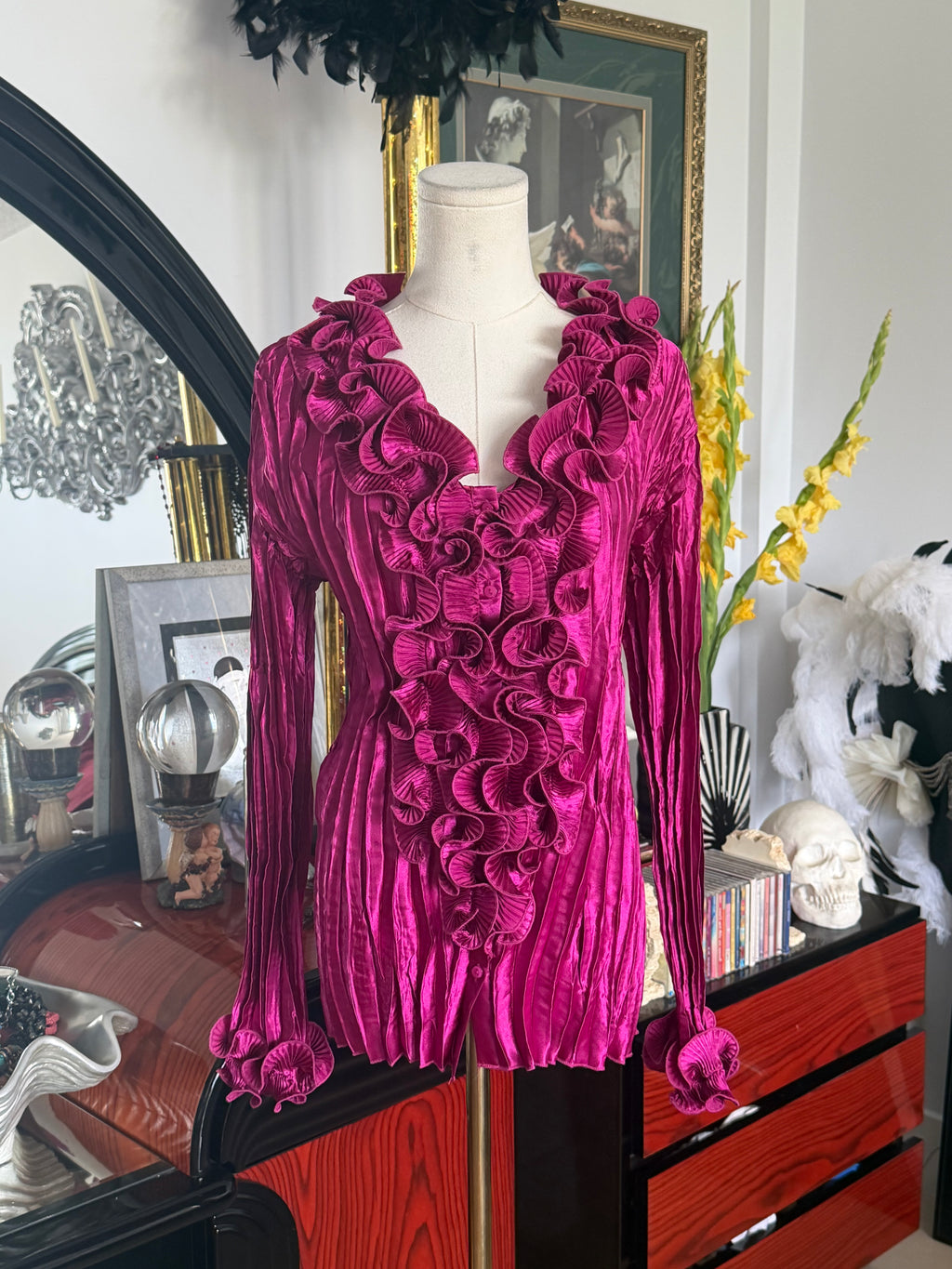 Coffee Rippie Magenta Crinkle Ruffle Blouse | Romantic Textured Stretch Top | XL