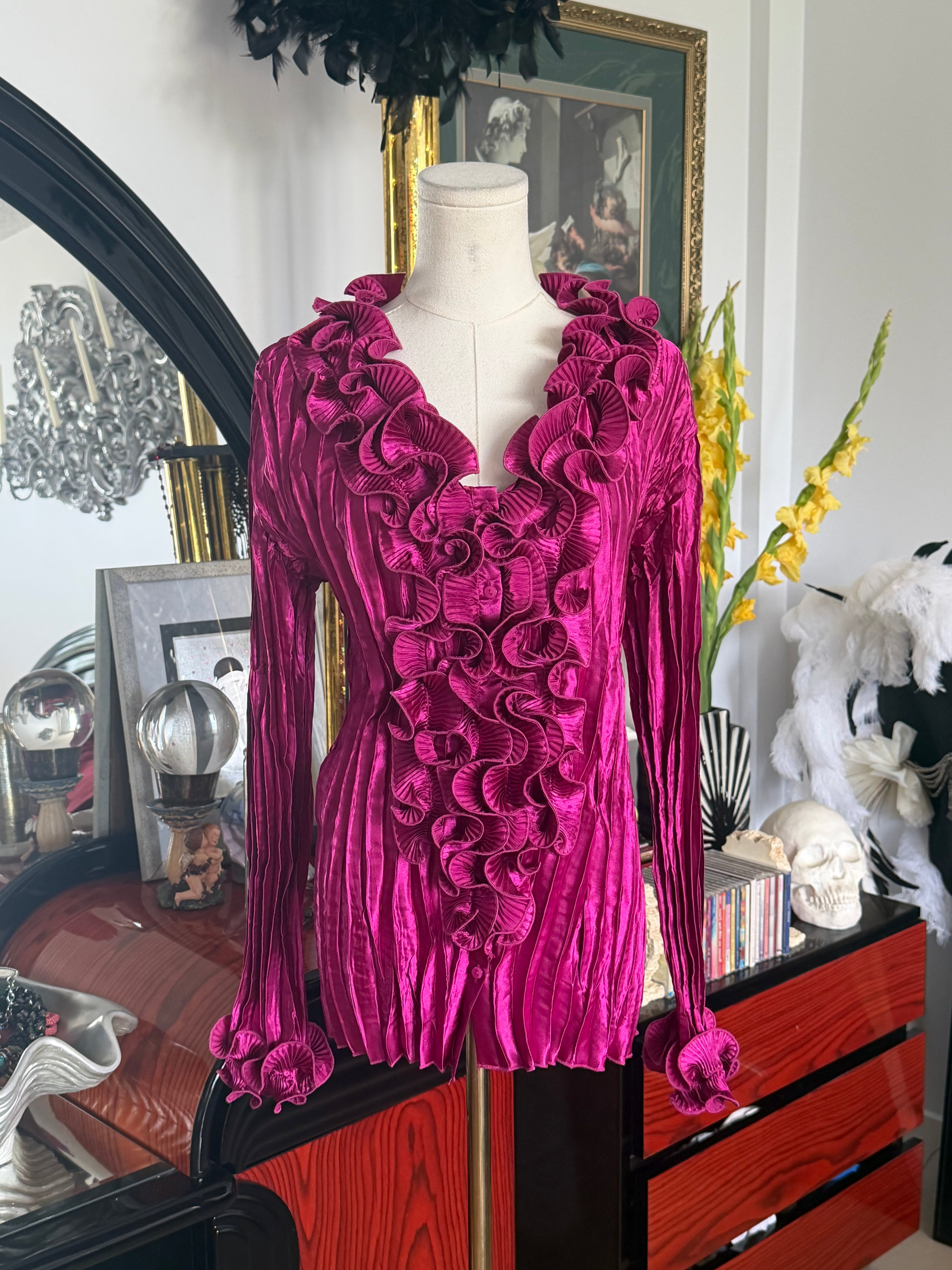 Coffee Rippie Magenta Crinkle Ruffle Blouse | Romantic Textured Stretch Top | XL
