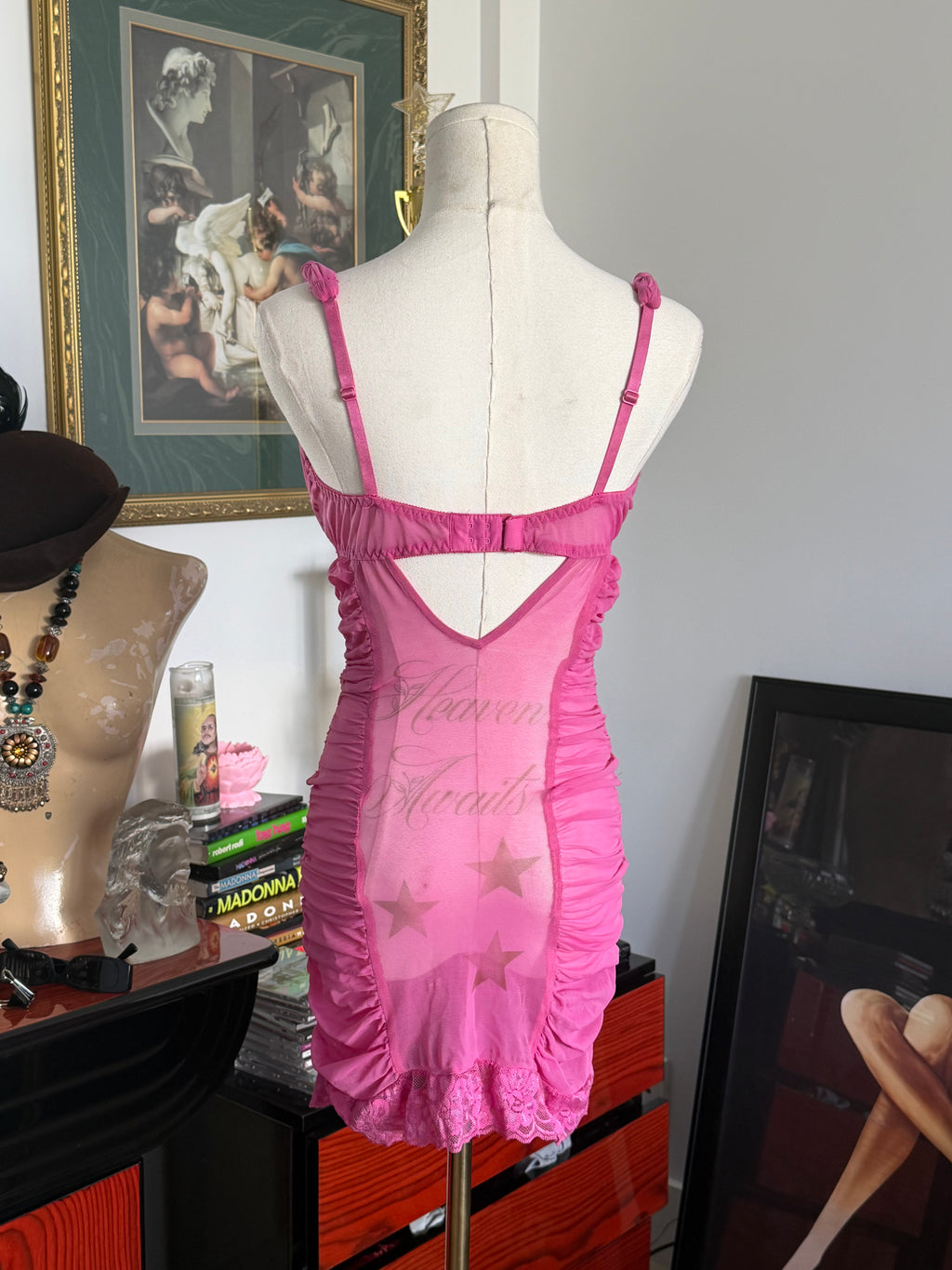Frederick’s of Hollywood Pink Sheer Ruched Mini Dress xs- s