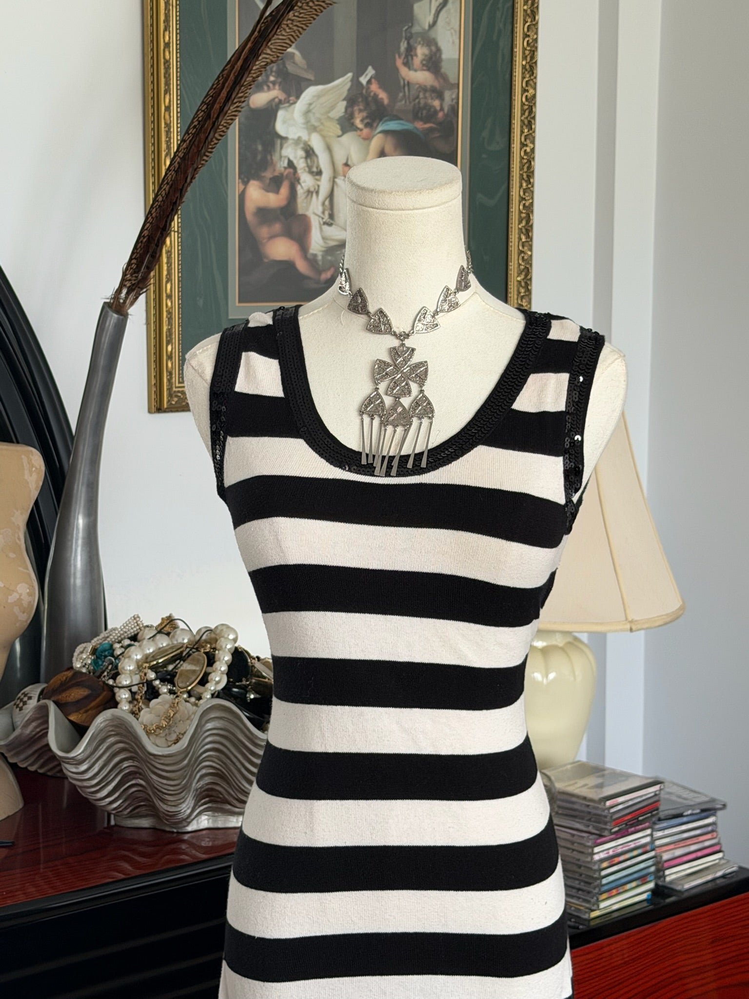 Black & Cream Striped Sequin Mini Dress