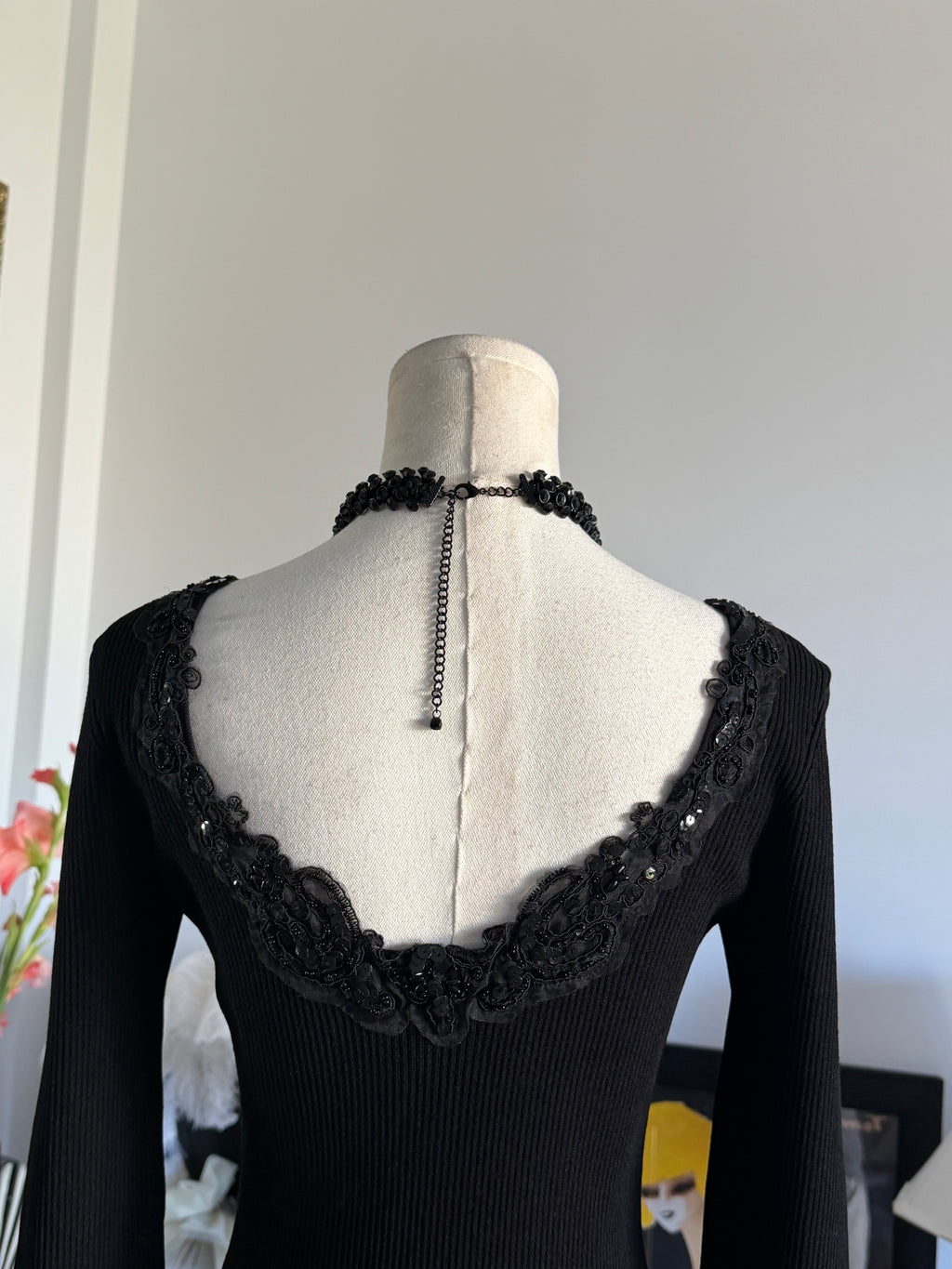 Vintage Caché Black Beaded Lace Reversible Long Sleeve Top