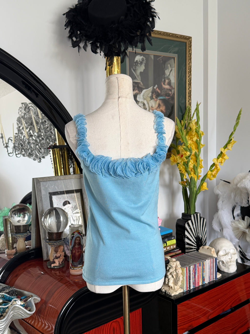 Cache Silk Rosette Trim Knit Tank Top NWT