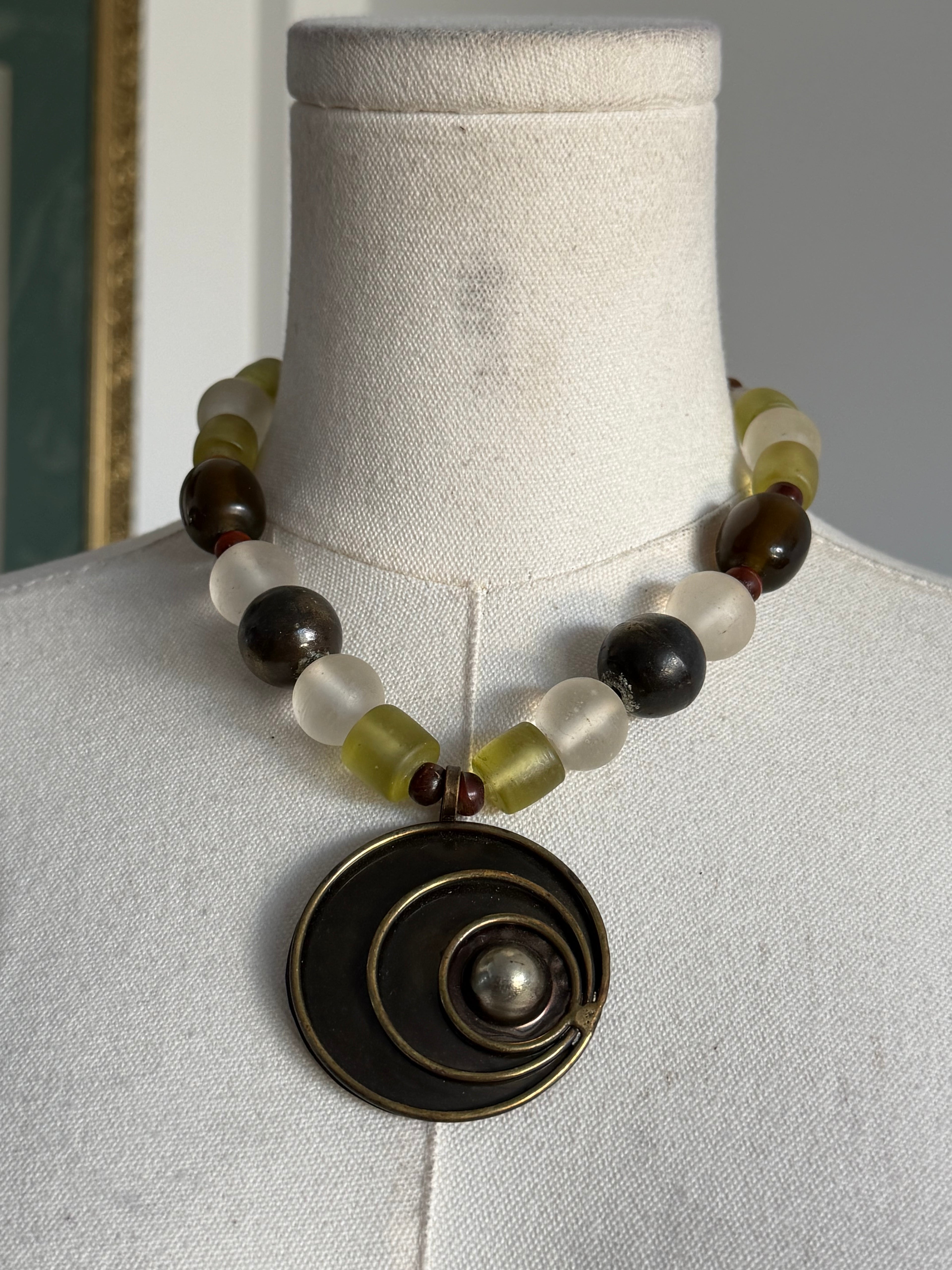 Earth Tone Beaded Spiral Pendant Statement Necklace