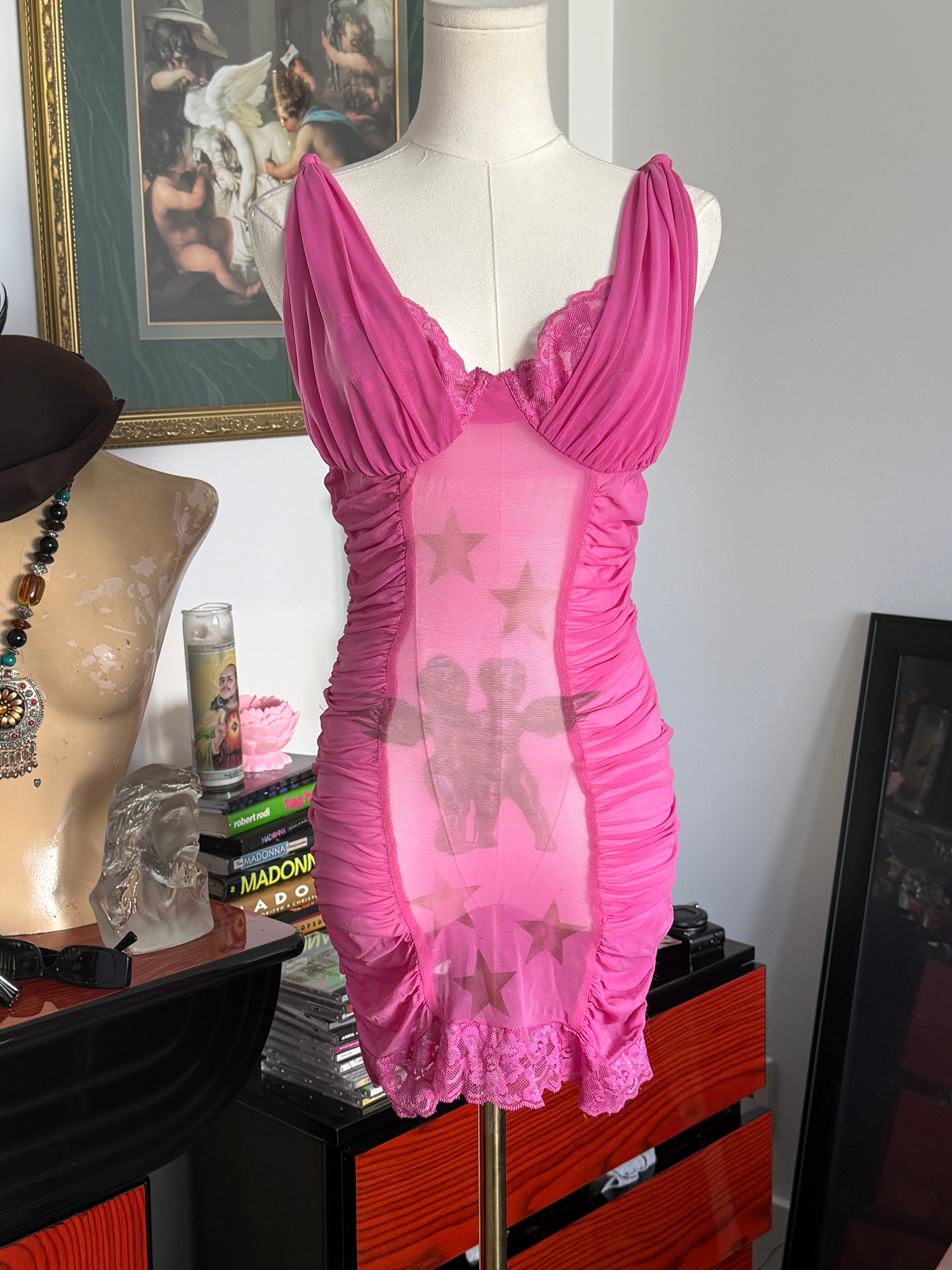 Frederick’s of Hollywood Pink Sheer Ruched Mini Dress xs- s