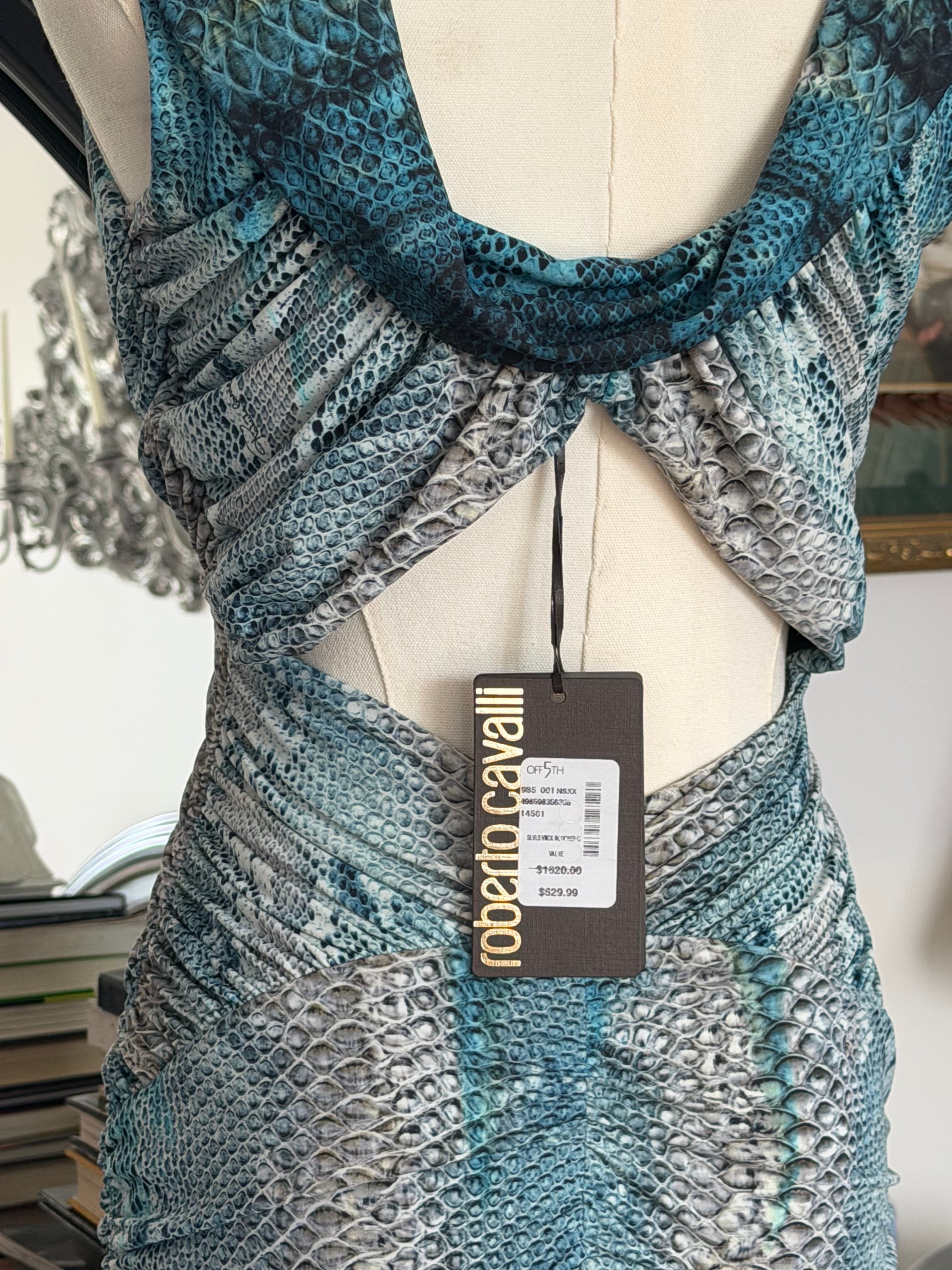 Roberto Cavalli 2005 Python Print Ruched Cut-Out Gown (NWT, Size S)