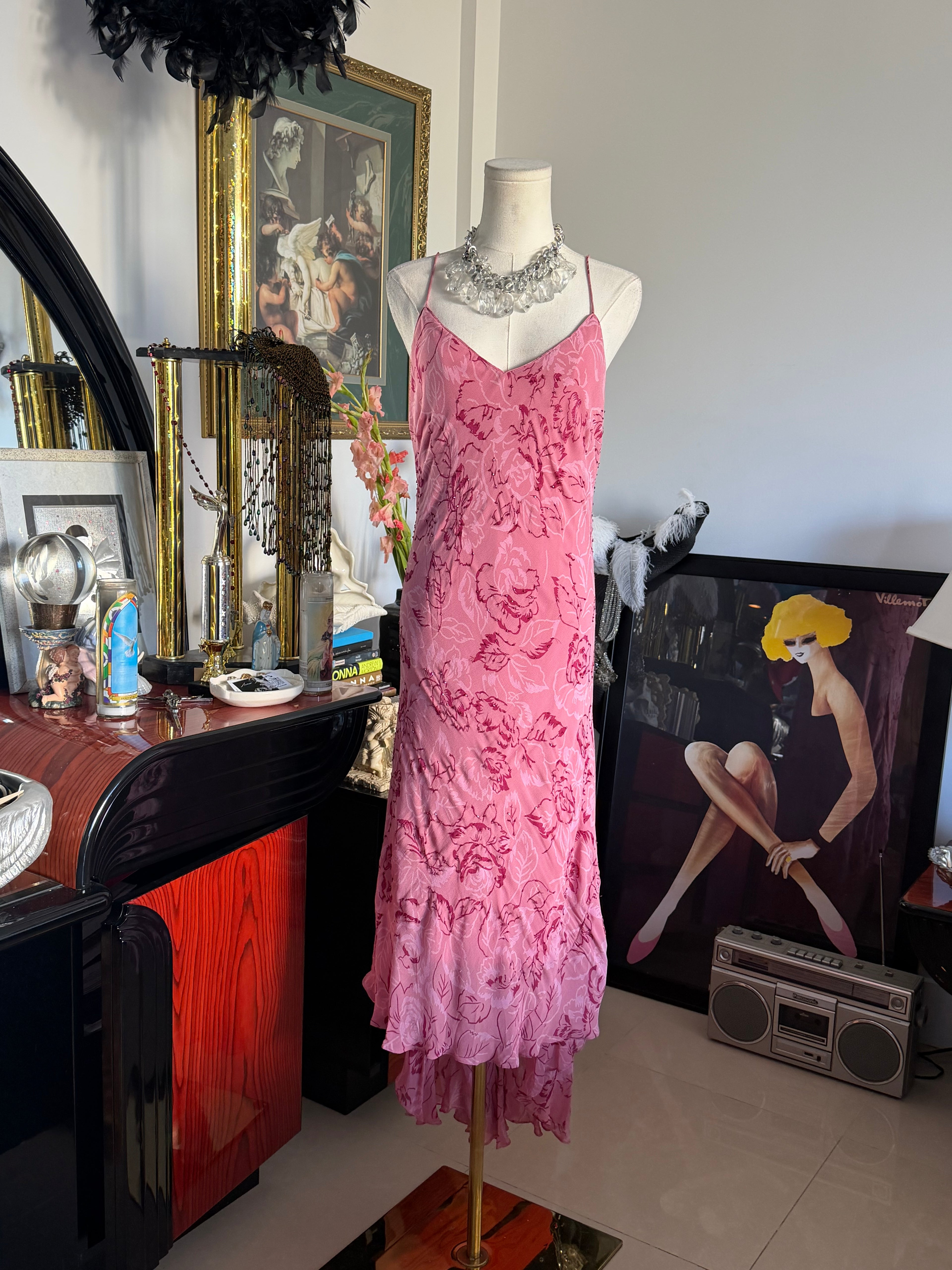 Eva Blue Pink Beaded Floral High-Low Maxi Dress L-XL