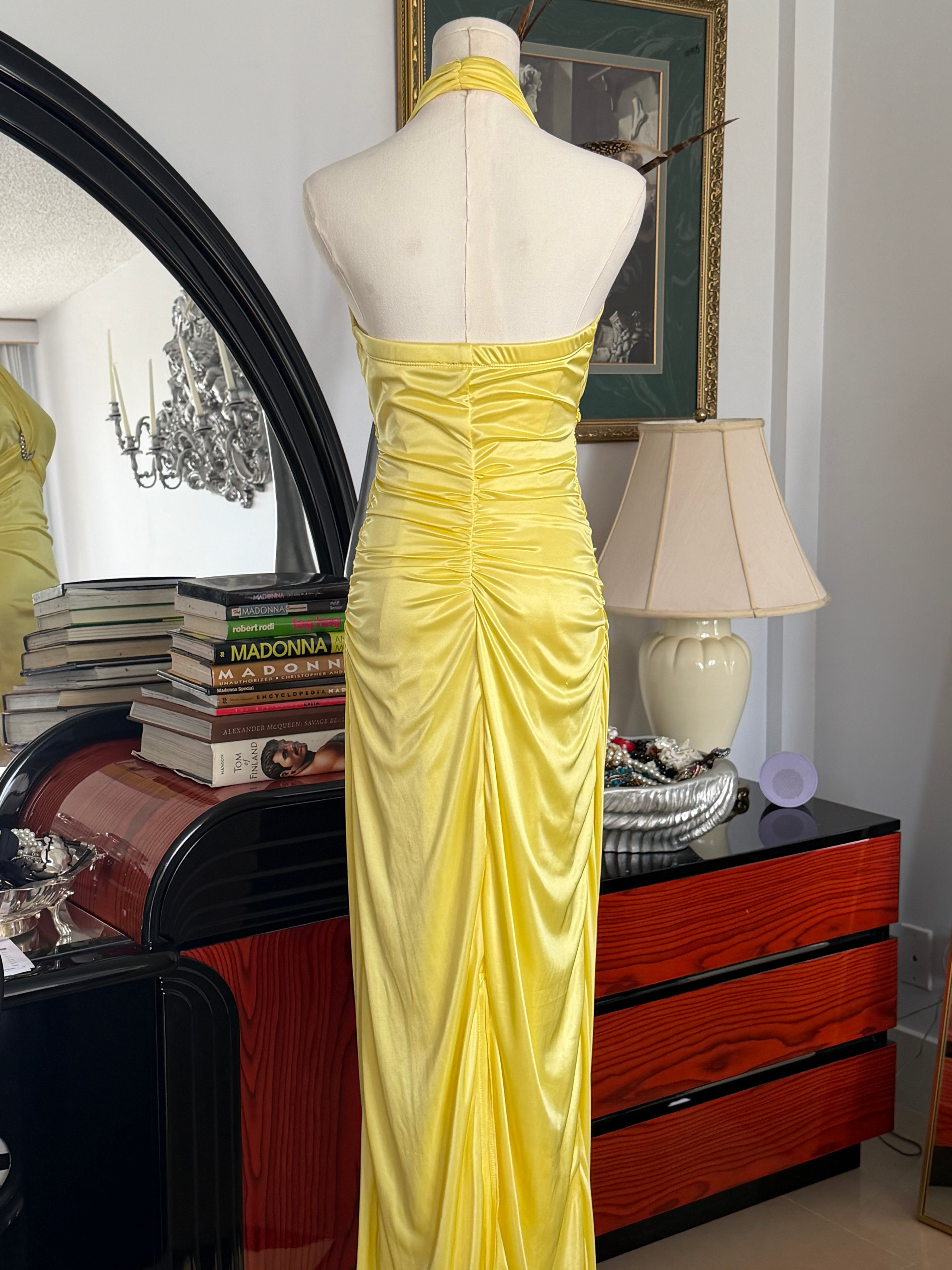 Vintage Bright Lemon Yellow Halter Gown with Rhinestone Detail – Medium