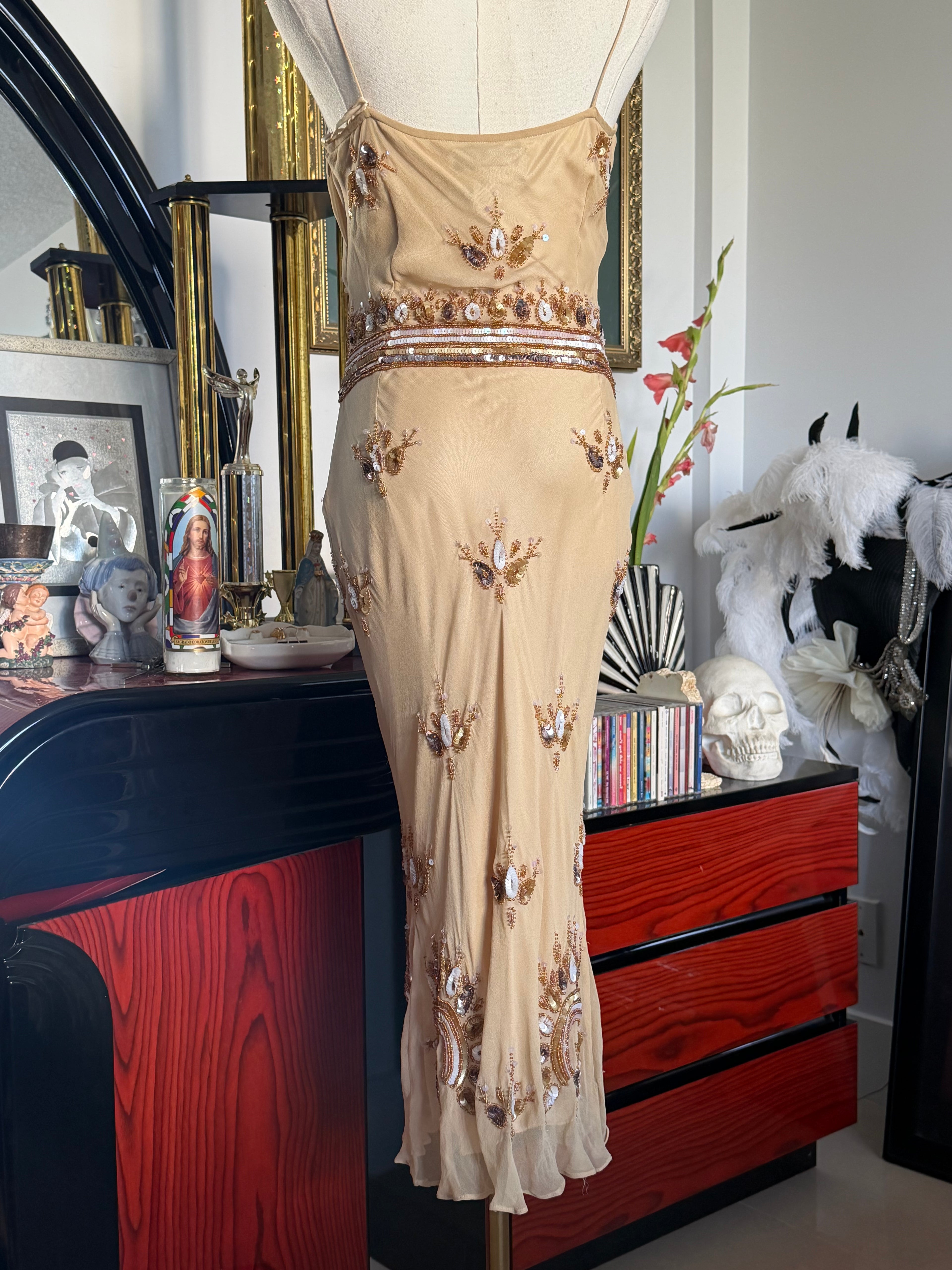 Deadstock Papell Boutique Hand-Beaded Silk Gown