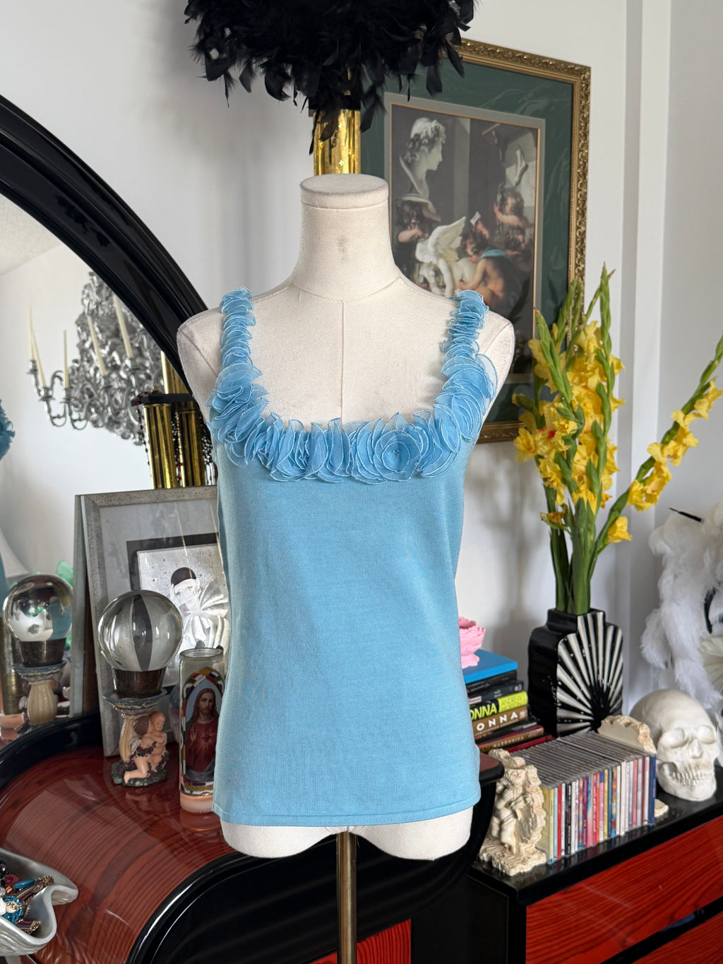 Cache Silk Rosette Trim Knit Tank Top NWT