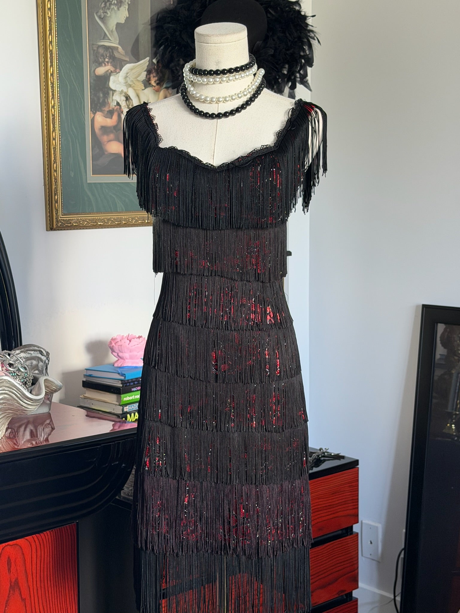 Vintage Morgan & Co. Black Fringe & Red Sequin Dress