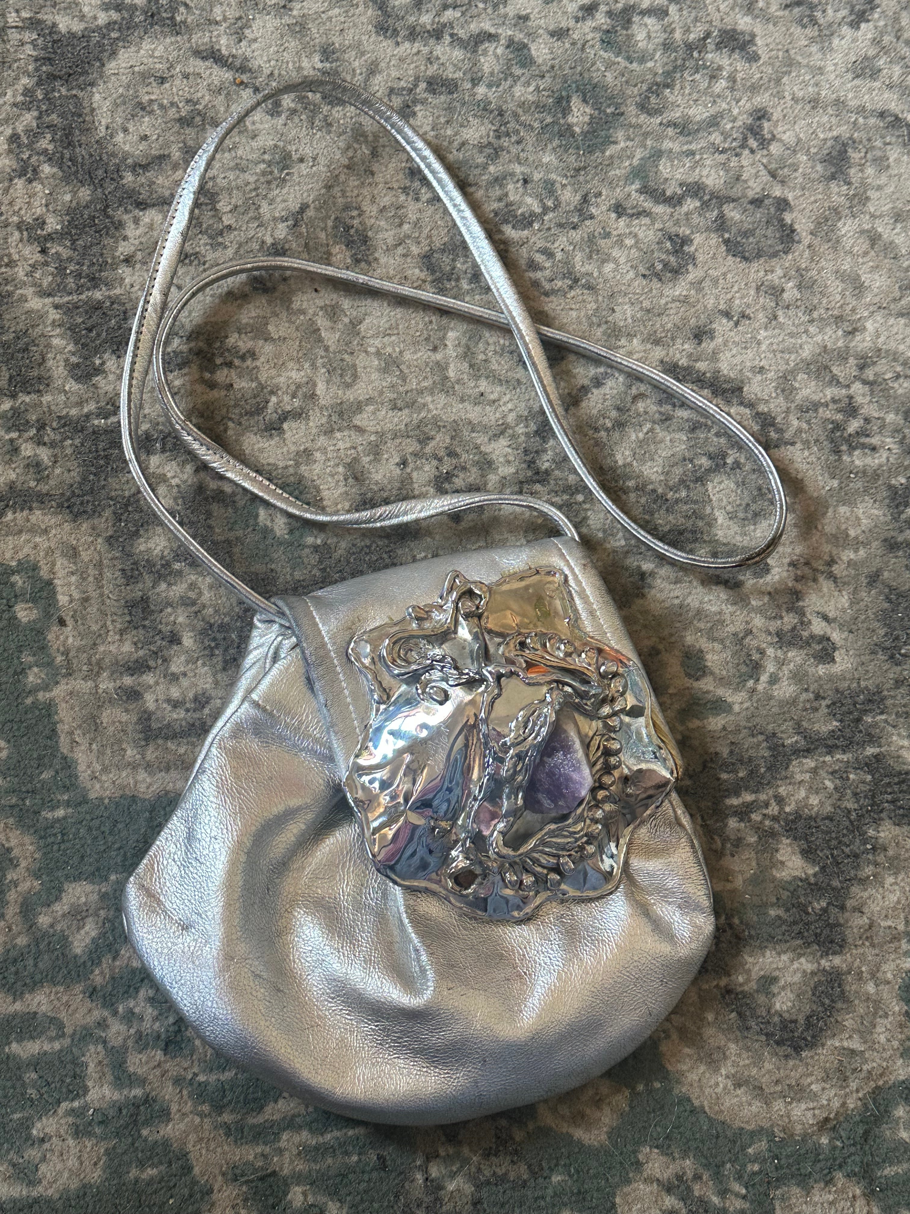 Vintage Metallic Silver Shoulder Bag with Sculptural Amethyst Accent