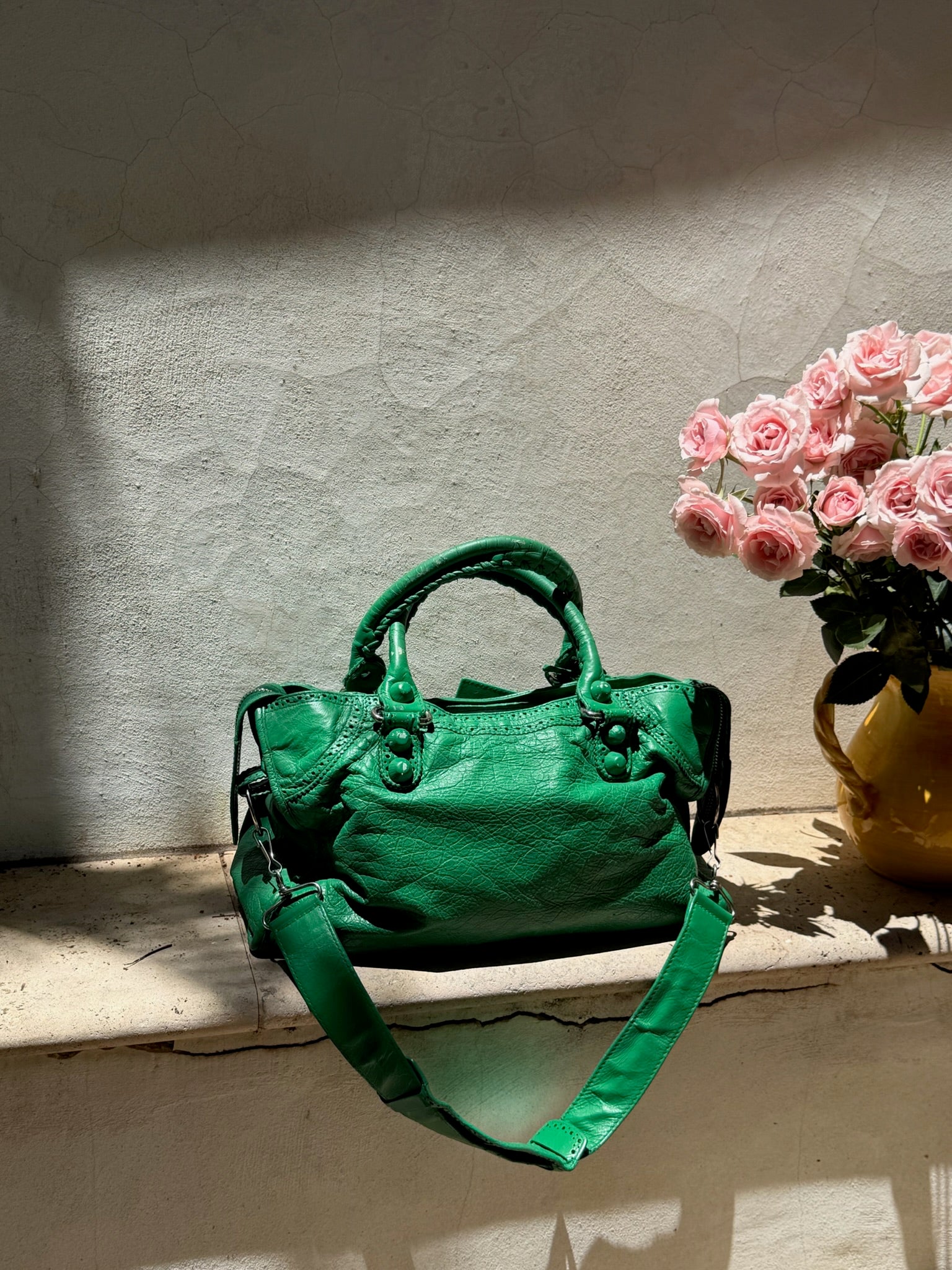 Balenciaga City Brogue Bag – Emerald Green Perforated Motorcycle Leather (2010s)
