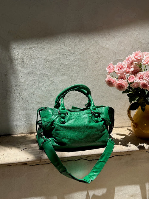 Balenciaga City Brogue Bag – Emerald Green Perforated Motorcycle Leather (2010s)