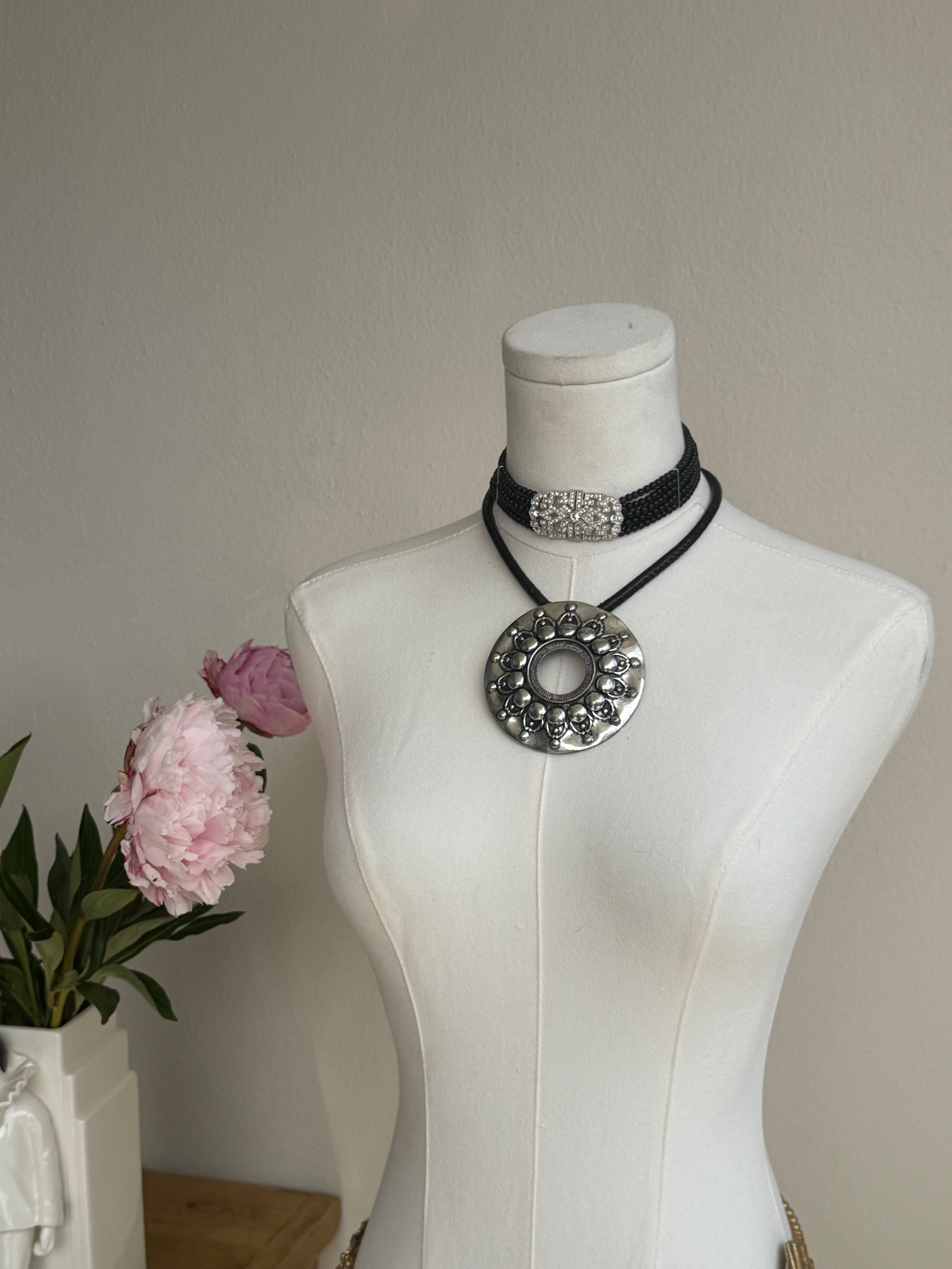 Silver Medallion Pendant Necklace on Black Cord