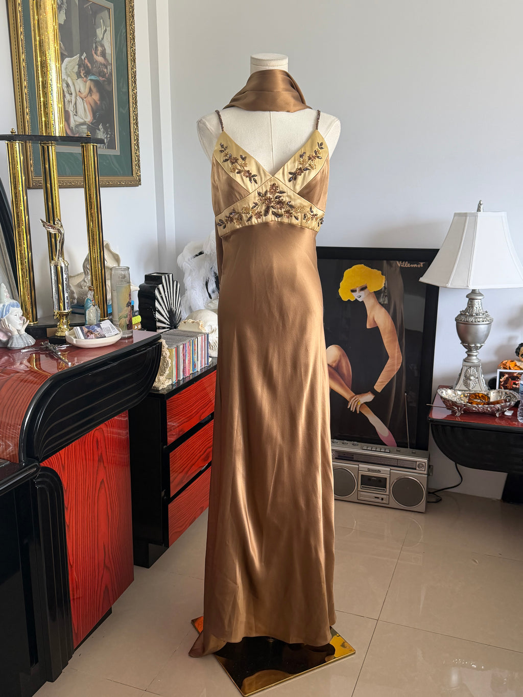 Vintage Silk Beaded Floral Bronze Evening Gown + Matching Scarf