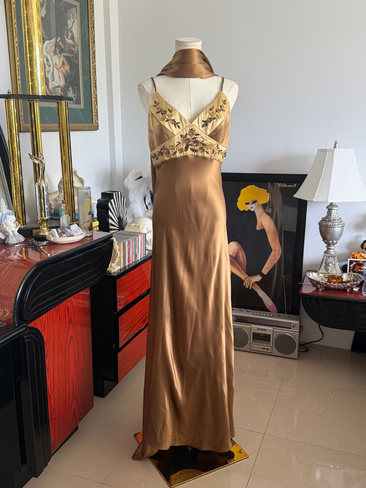 Vintage Silk Beaded Floral Bronze Evening Gown + Matching Scarf