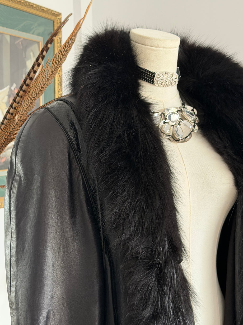 Thermi Vintage Black Nappa Leather Coat w/ Real Fur Trim + Snakeskin Panels (Longline)