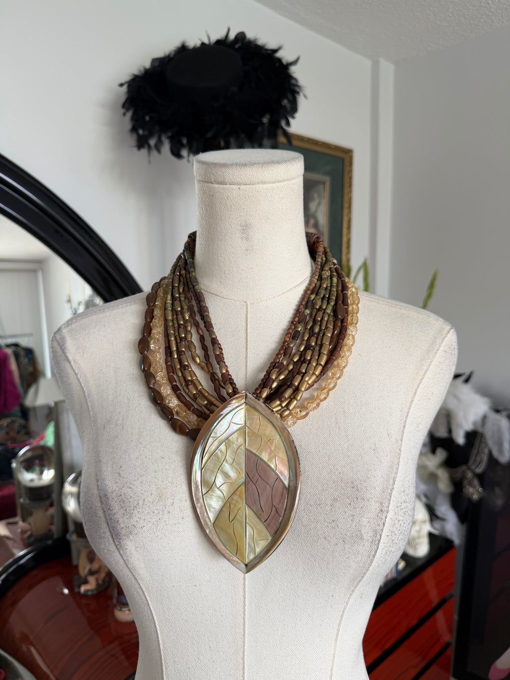 Vintage Mother of Pearl Leaf Statement Necklace | Multi Strand Artisan Necklace