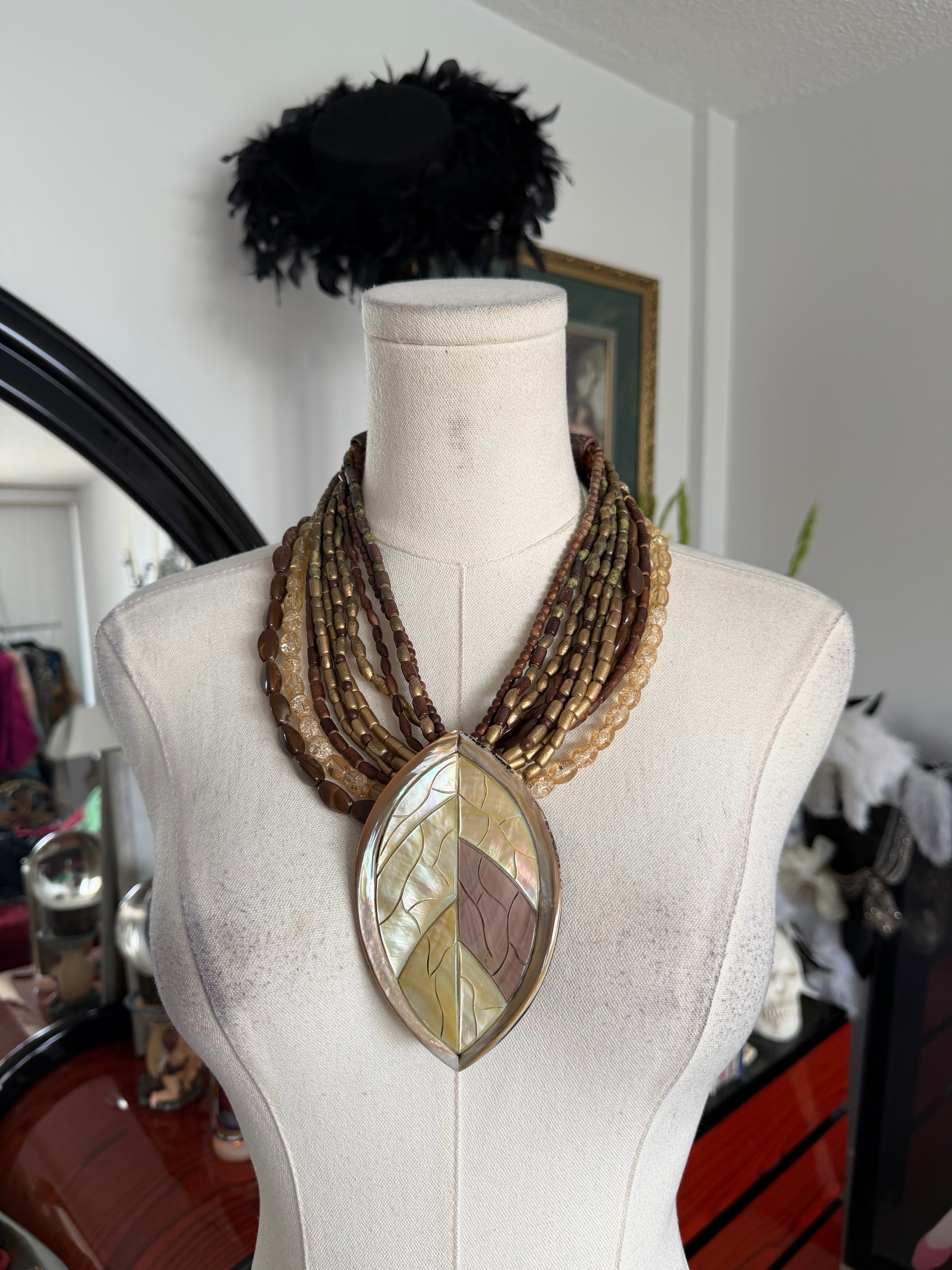 Vintage Mother of Pearl Leaf Statement Necklace | Multi Strand Artisan Necklace