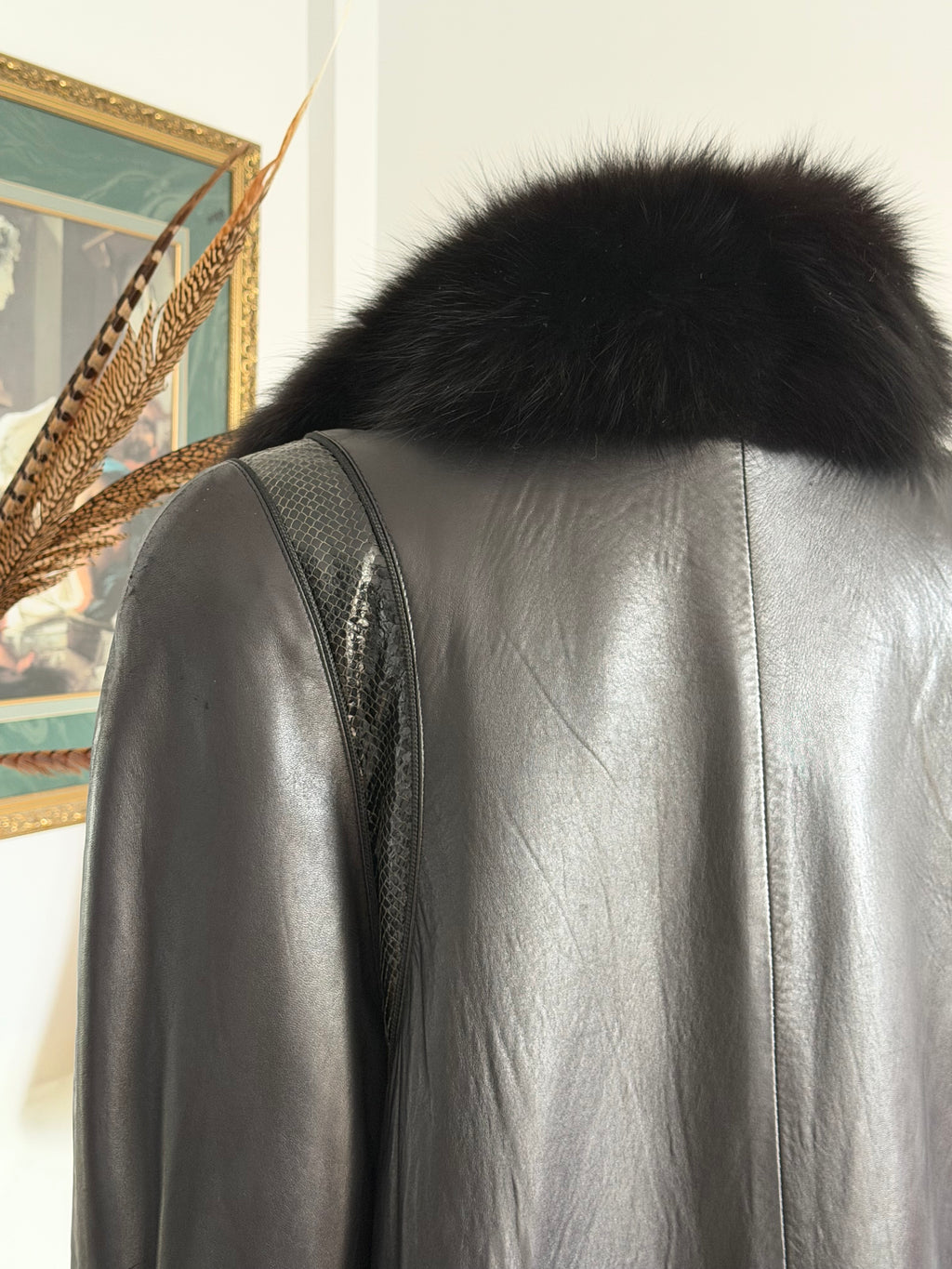 Thermi Vintage Black Nappa Leather Coat w/ Real Fur Trim + Snakeskin Panels (Longline)