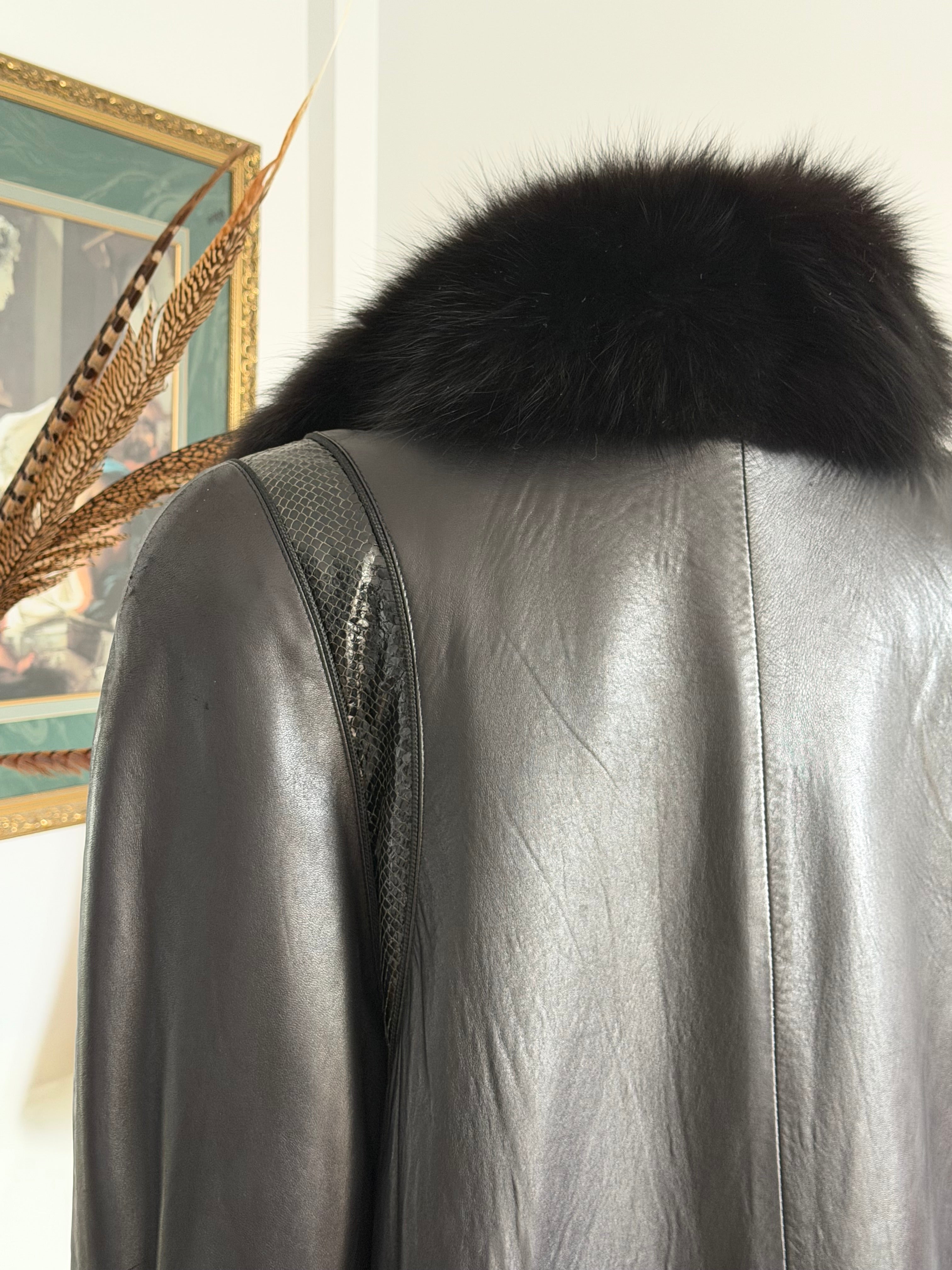 Thermi Vintage Black Nappa Leather Coat w/ Real Fur Trim + Snakeskin Panels (Longline)