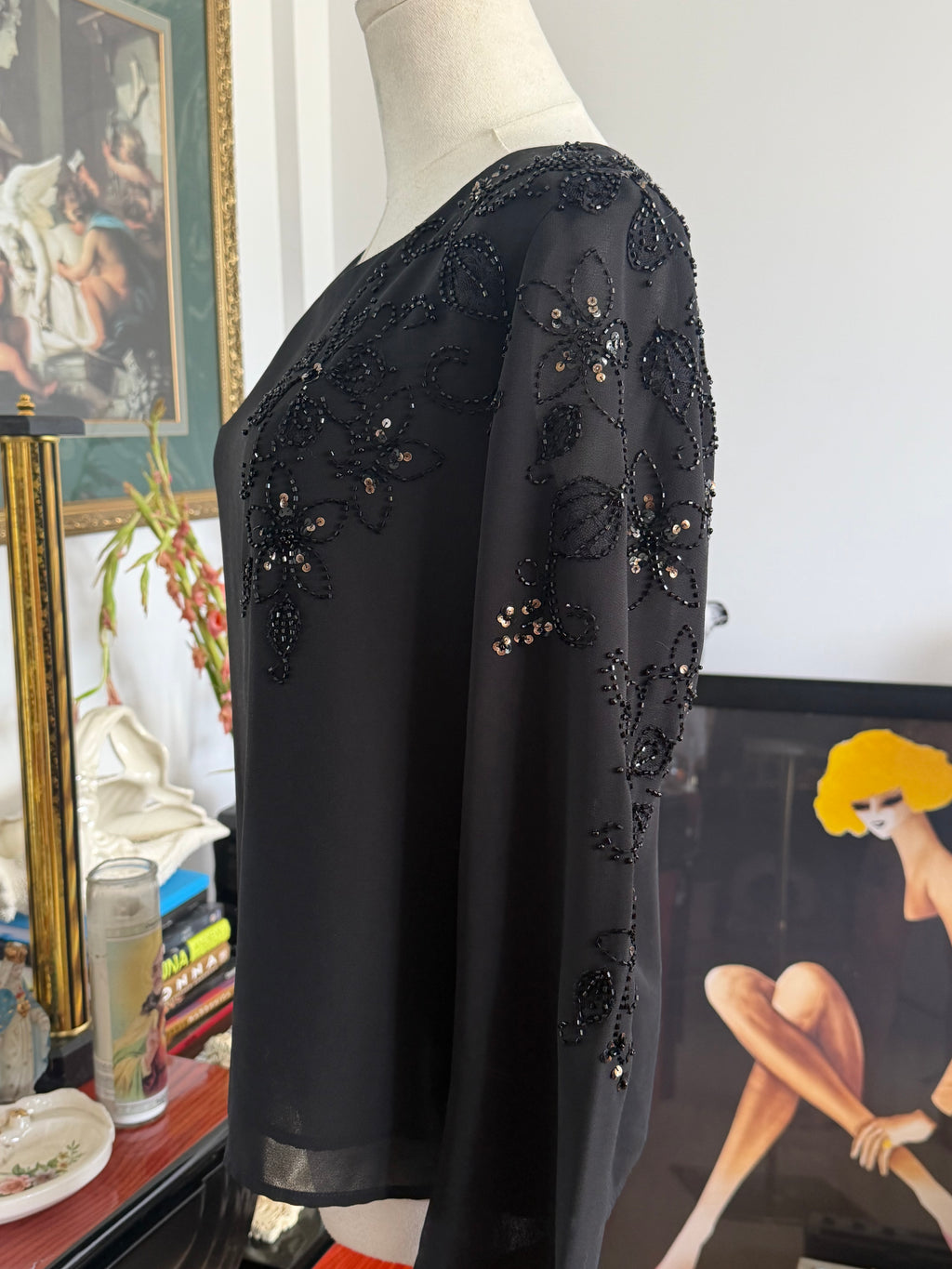 Black Embellished Floral Blouse