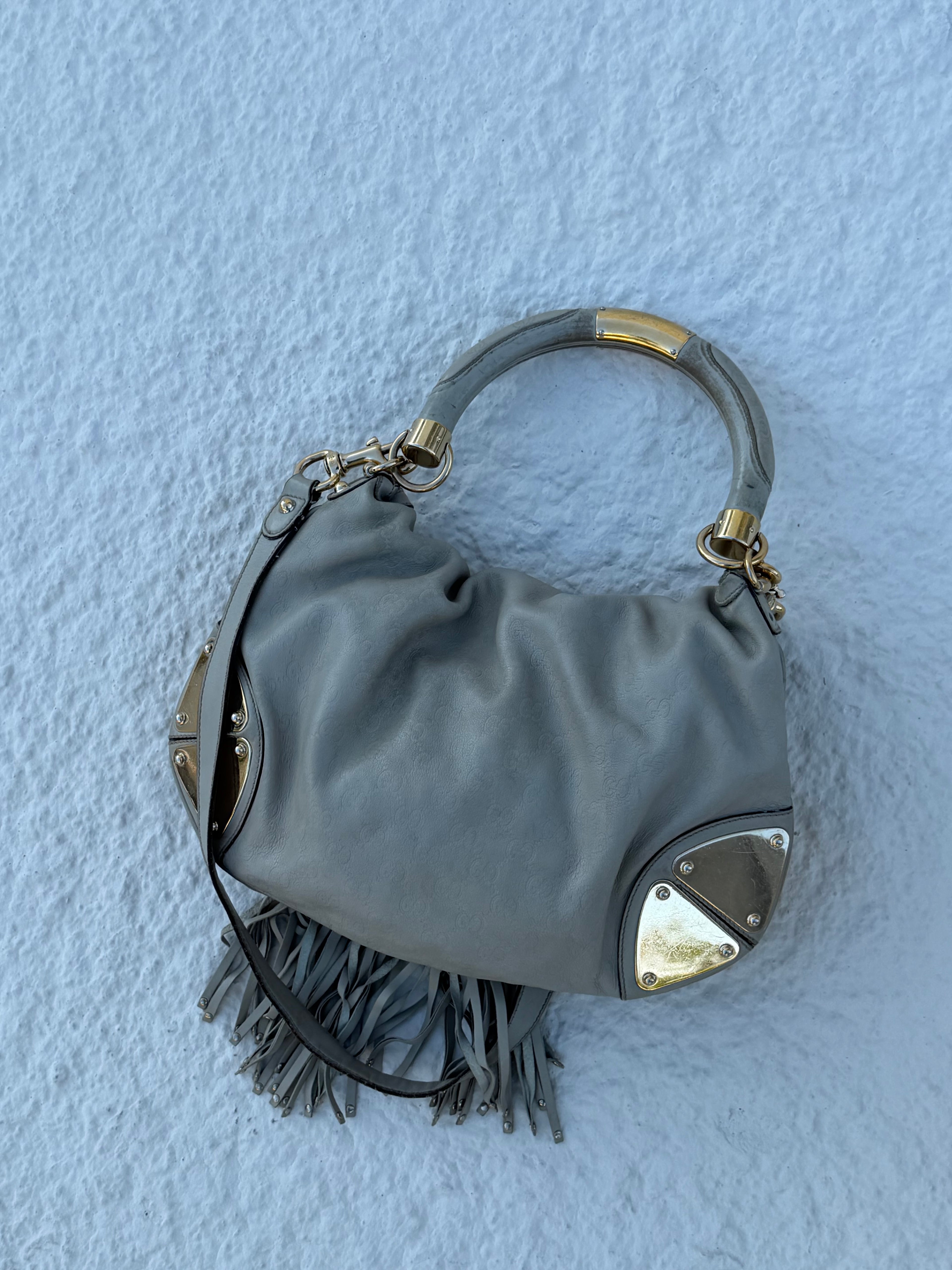 Gucci Indy Medium Hobo – Light Grey Guccissima Leather – Bamboo Tassels – Gold Hardware