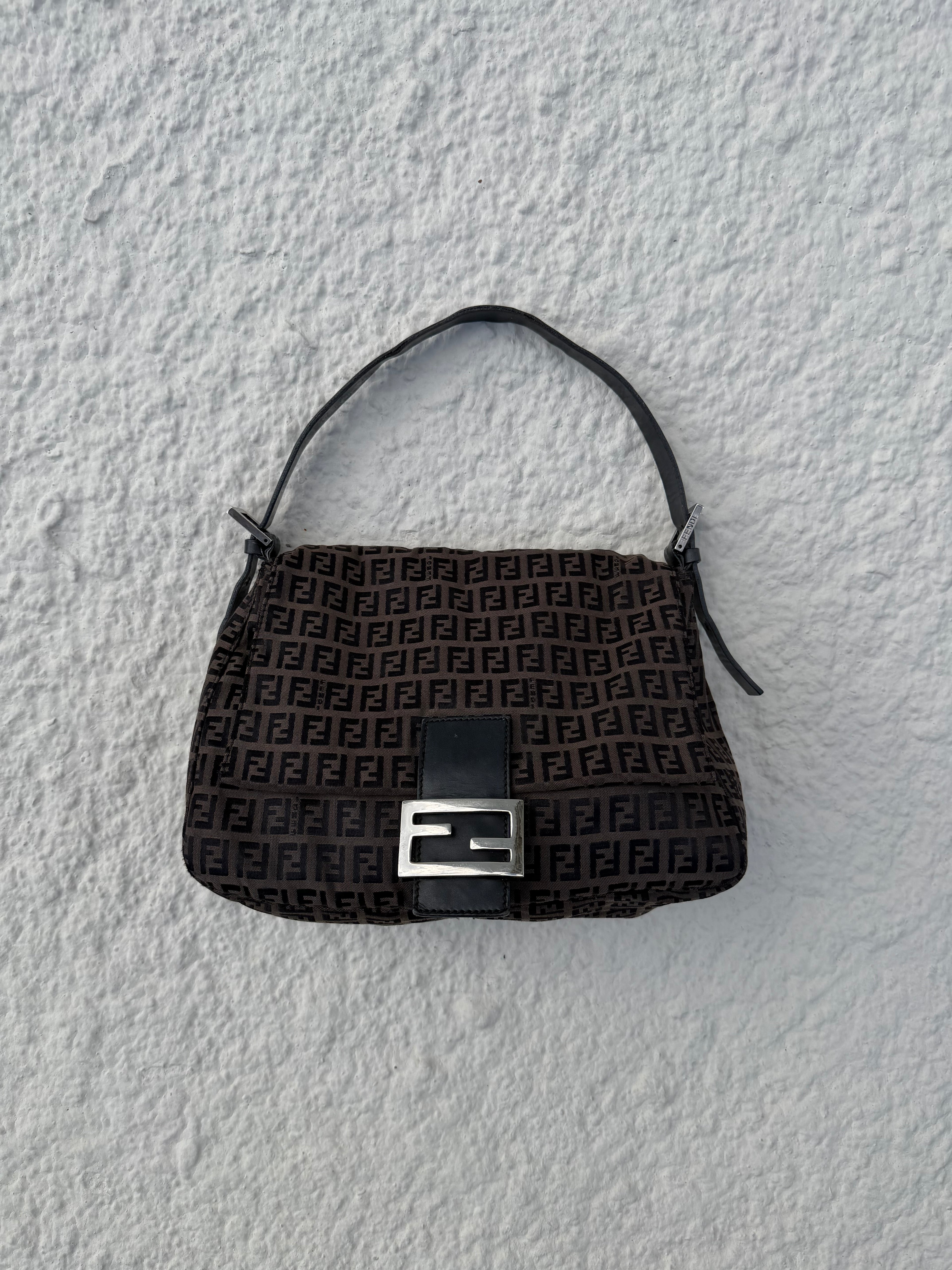 Fendi Mamma Baguette / Large Zucca Canvas Shoulder Bag — Brown & Black / Silver Hardware