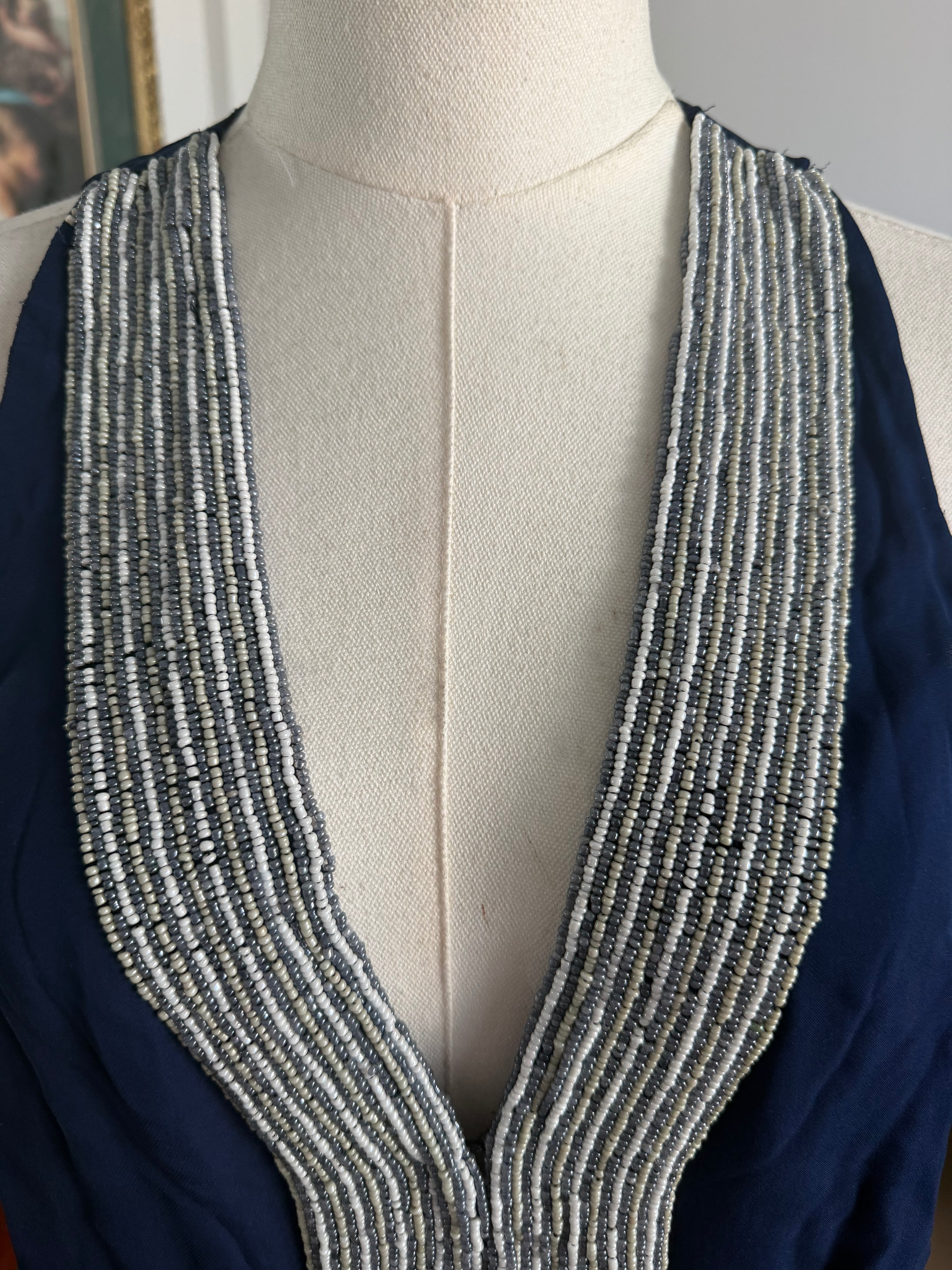 Parker Navy Beaded Silk-Feel Tank | Embellished Deep V Top | Size S