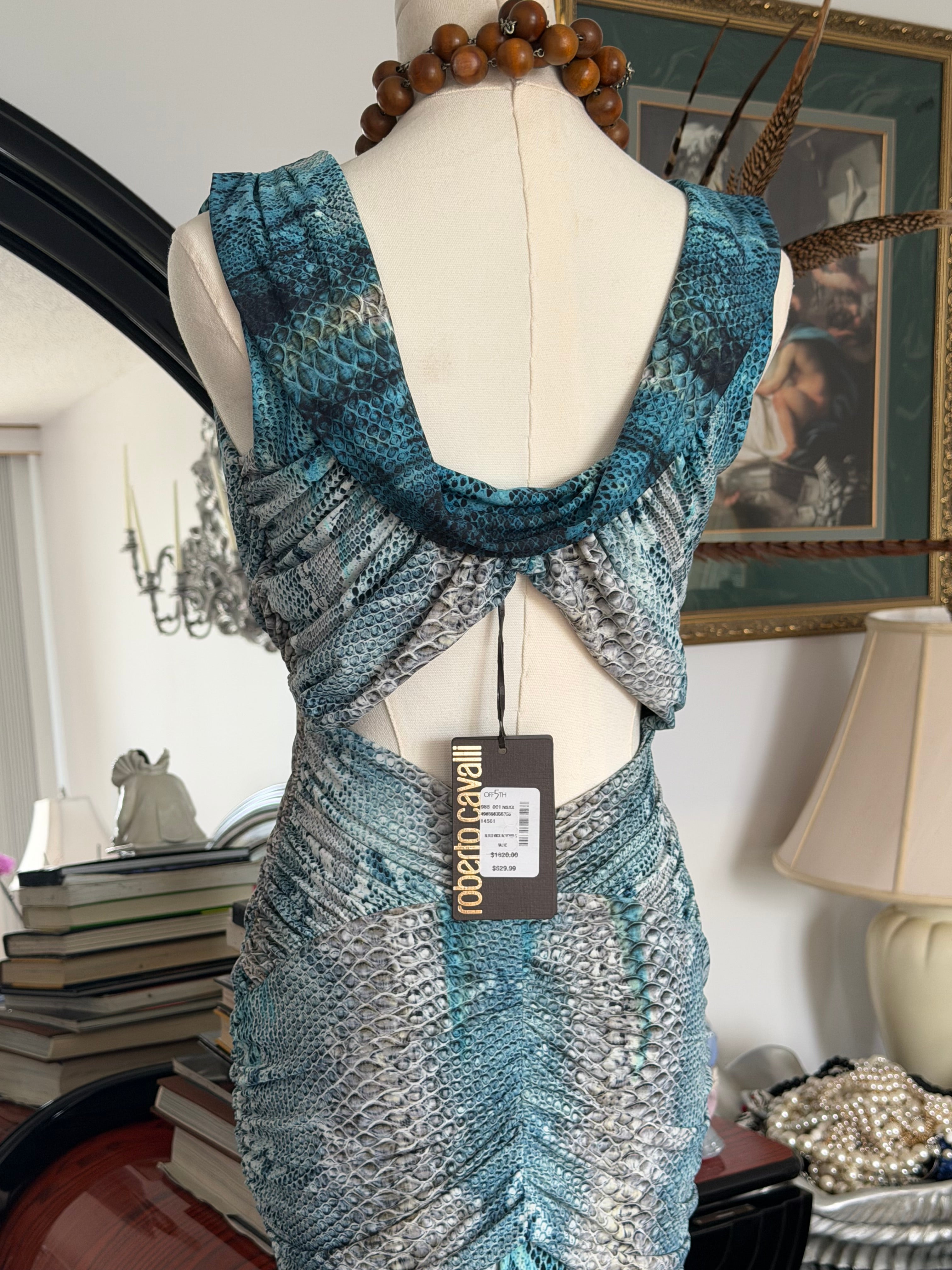 Roberto Cavalli 2005 Python Print Ruched Cut-Out Gown (NWT, Size S)