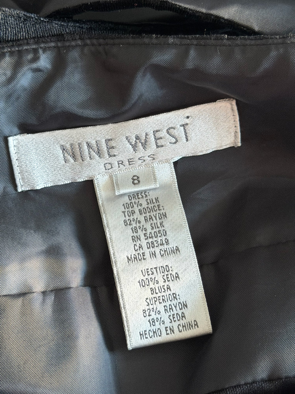 Nine West 100% Silk Black Cocktail Dress | Velvet Trim | Size 8
